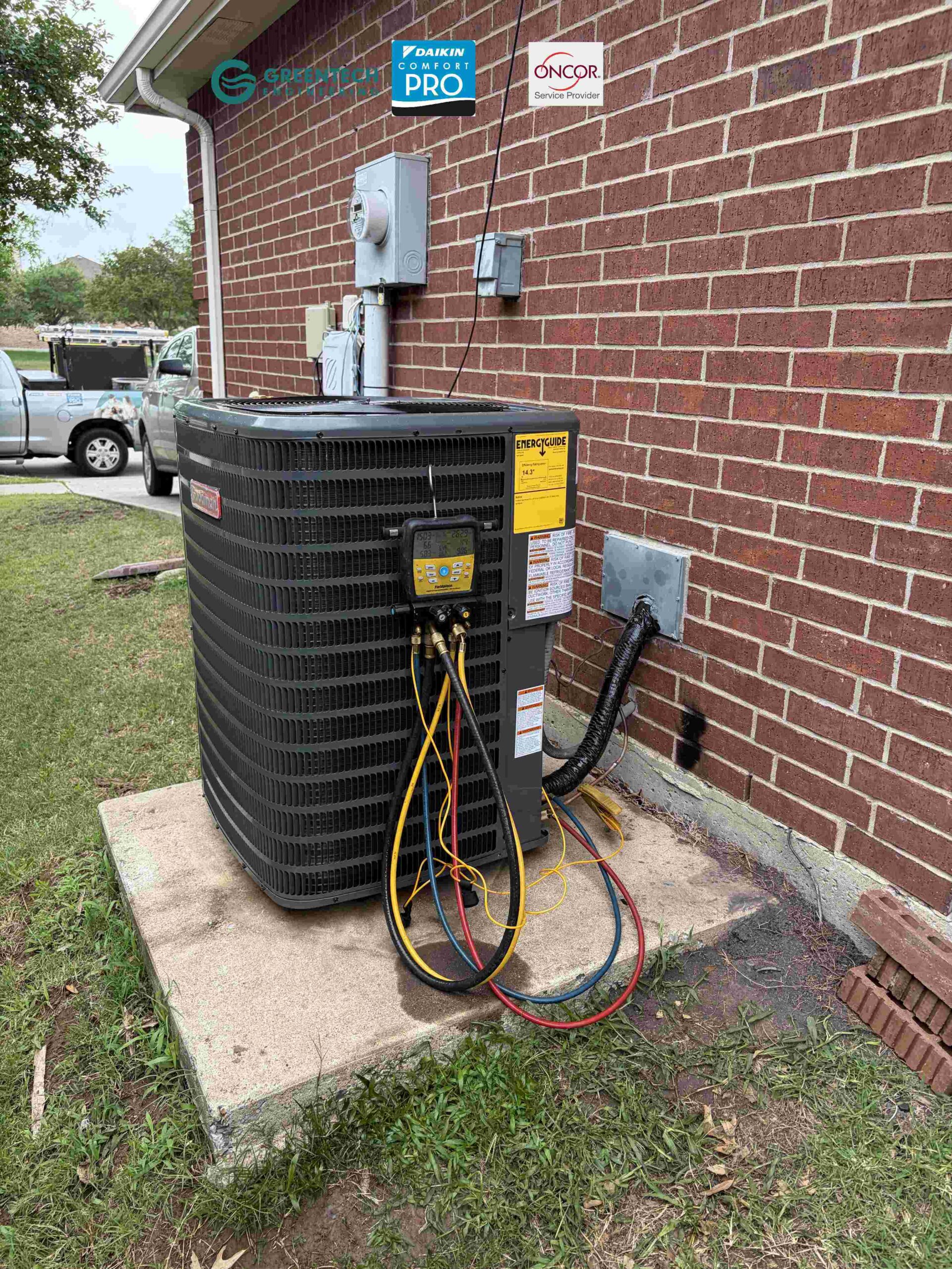 A pristine, newly installed Goodman 3-Ton air conditioning condenser outside a Dallas home, featuring Daikin Comfort Pro and Oncor Service Provider badges.