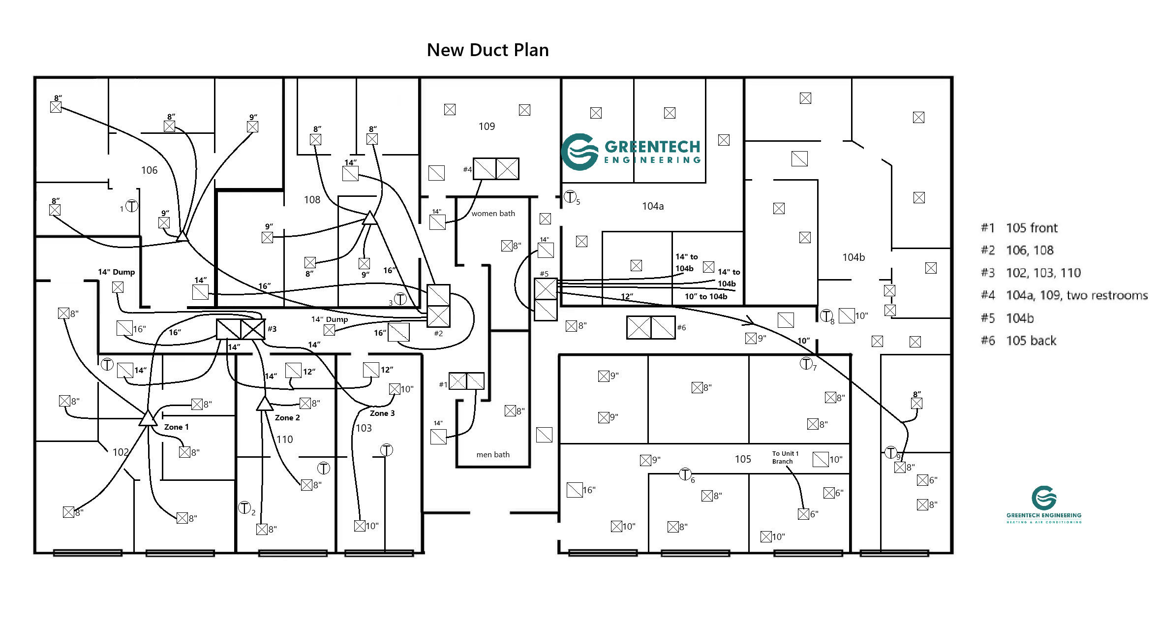 A mechanical engineering blueprint and CAD layout for a custom commercial duct system design and zoning plan in a Dallas office.