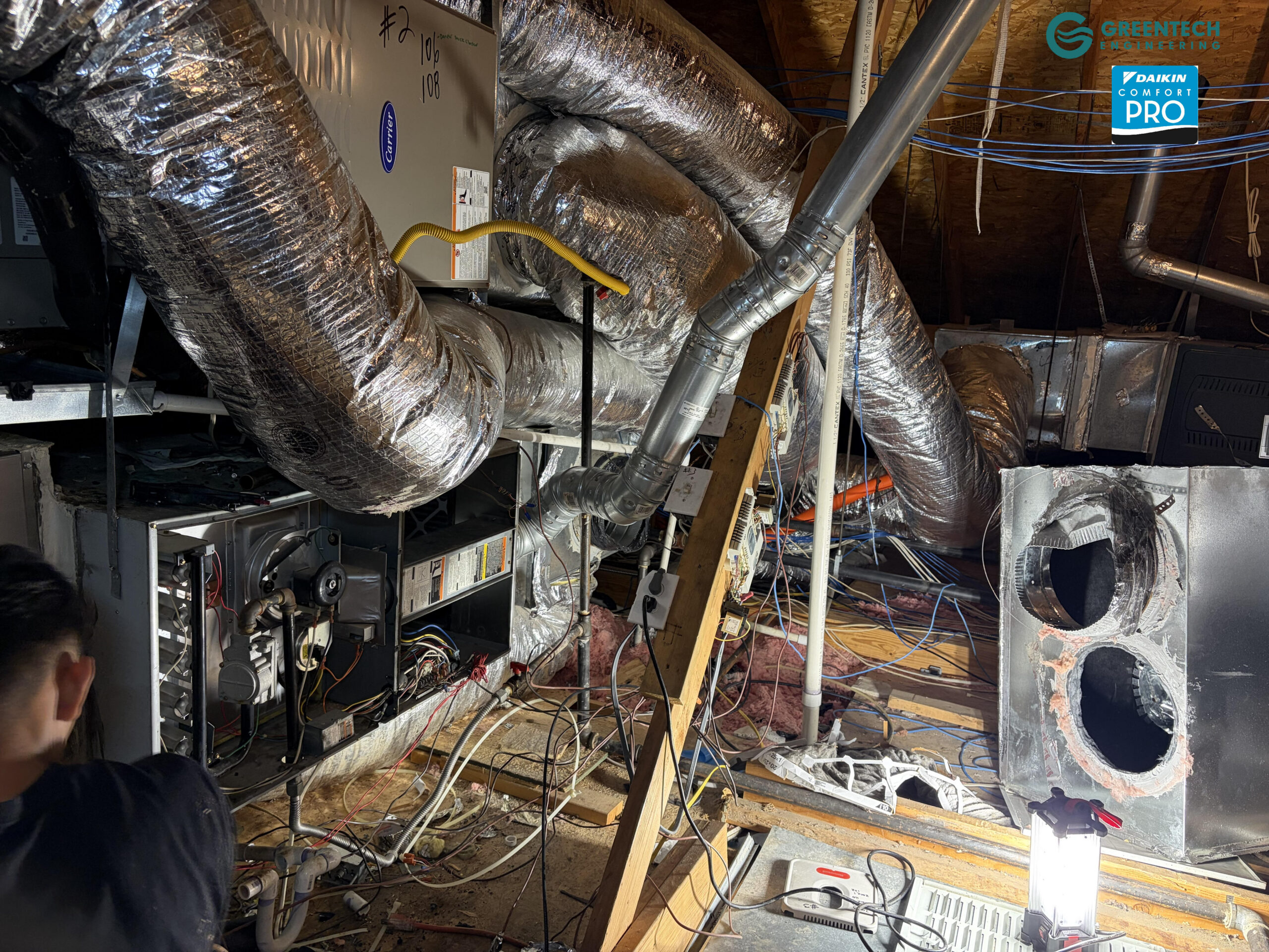 Tangled, inefficient commercial flexible ductwork and an aging indoor air handler inside the ceiling space of a Dallas office building.