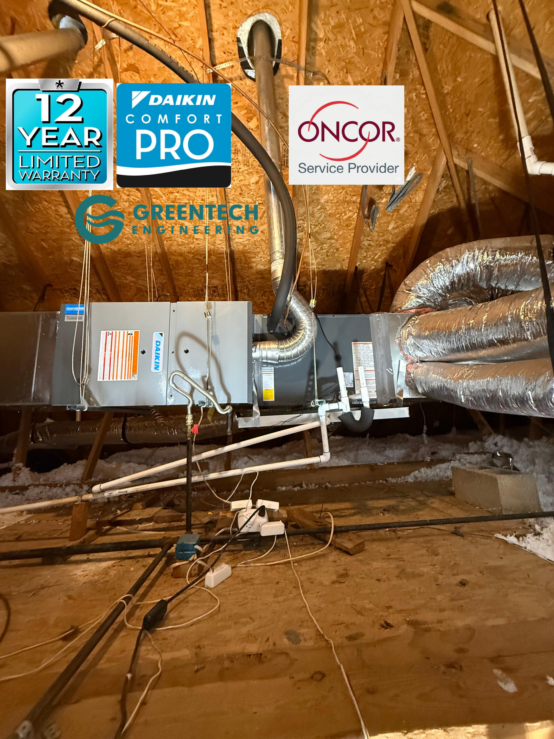 A pristine, newly installed Daikin 3.5-Ton AC condenser sitting perfectly leveled on an equipment pad outside a Dallas, TX home, alongside a new electrical disconnect box.