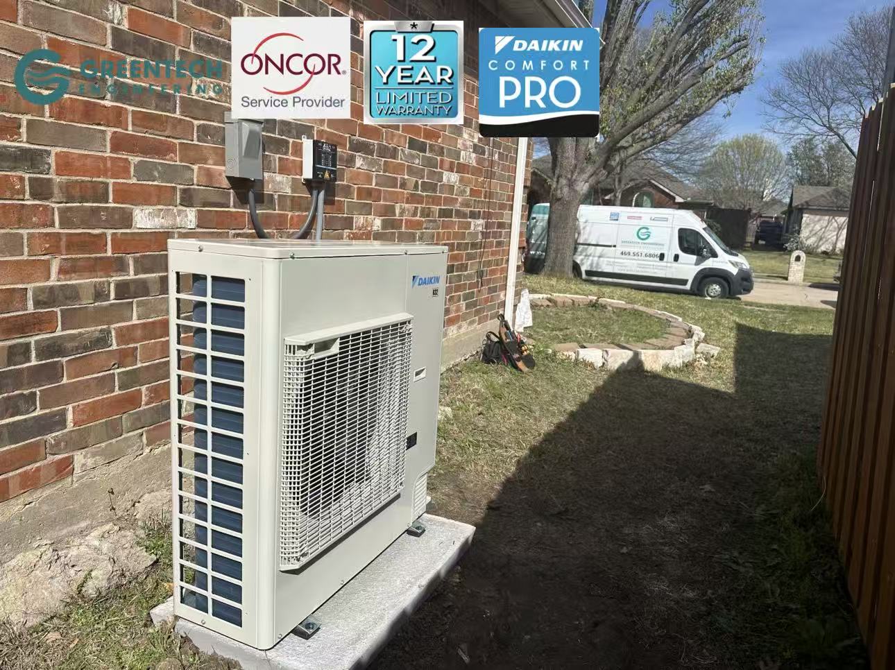 A newly installed Daikin Fit variable-speed heat pump outside a Dallas home, providing high-efficiency climate control and deep dehumidification.
