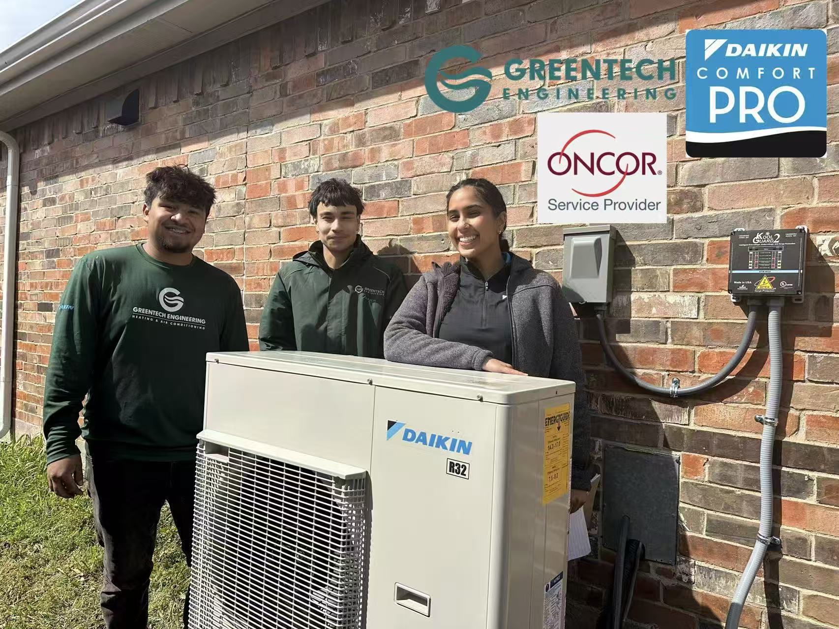 Greentech Engineering HVAC installation team and Daikin Product Manager standing with a newly installed Daikin FIT variable-speed heat pump, highlighting Oncor Service Provider and Daikin Comfort Pro certifications.