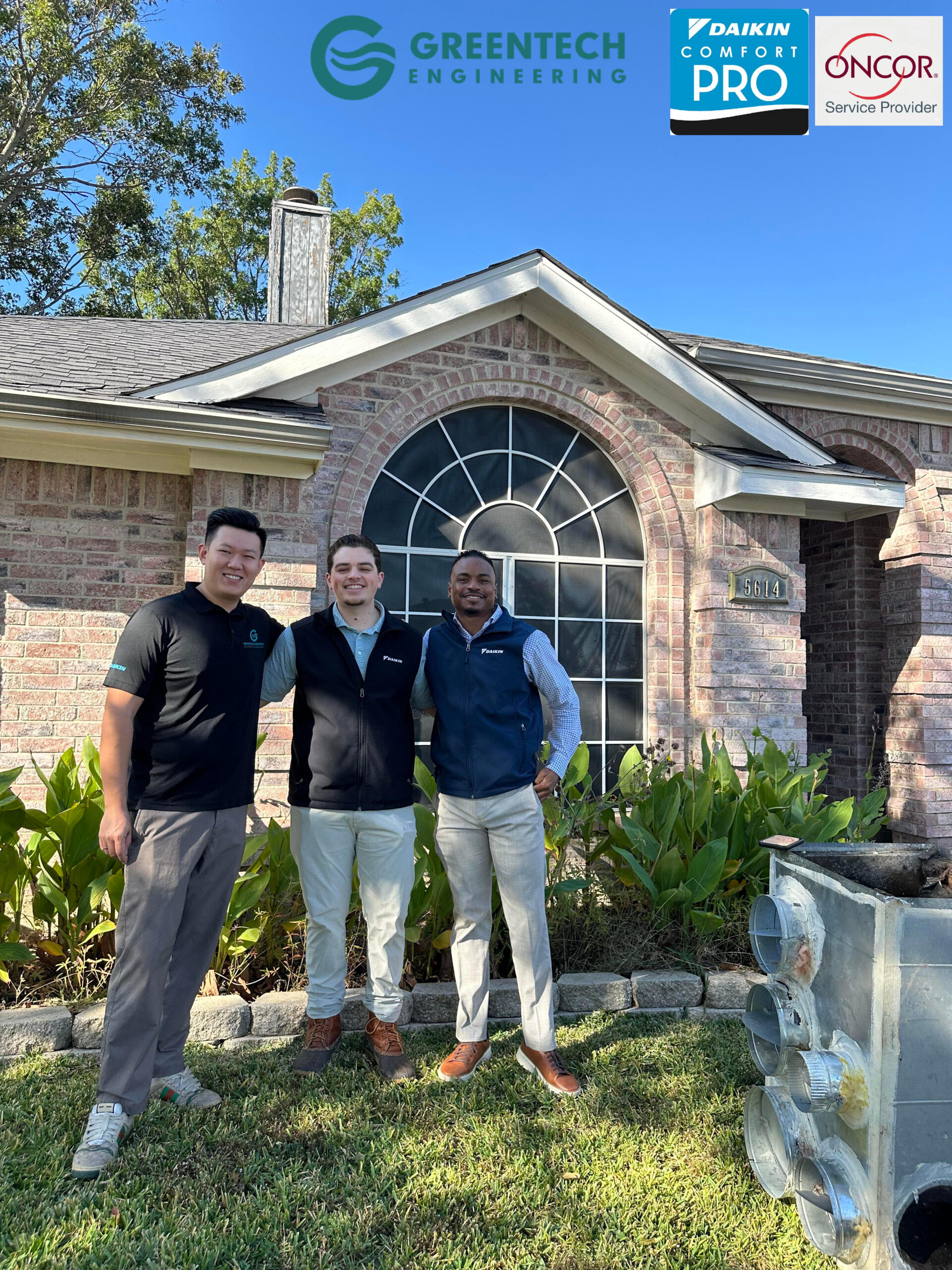 Greentech Engineering CTO Siwei Chen consulting with Daikin representatives outside a North Texas home regarding a custom heat pump system design and old ductwork removal.