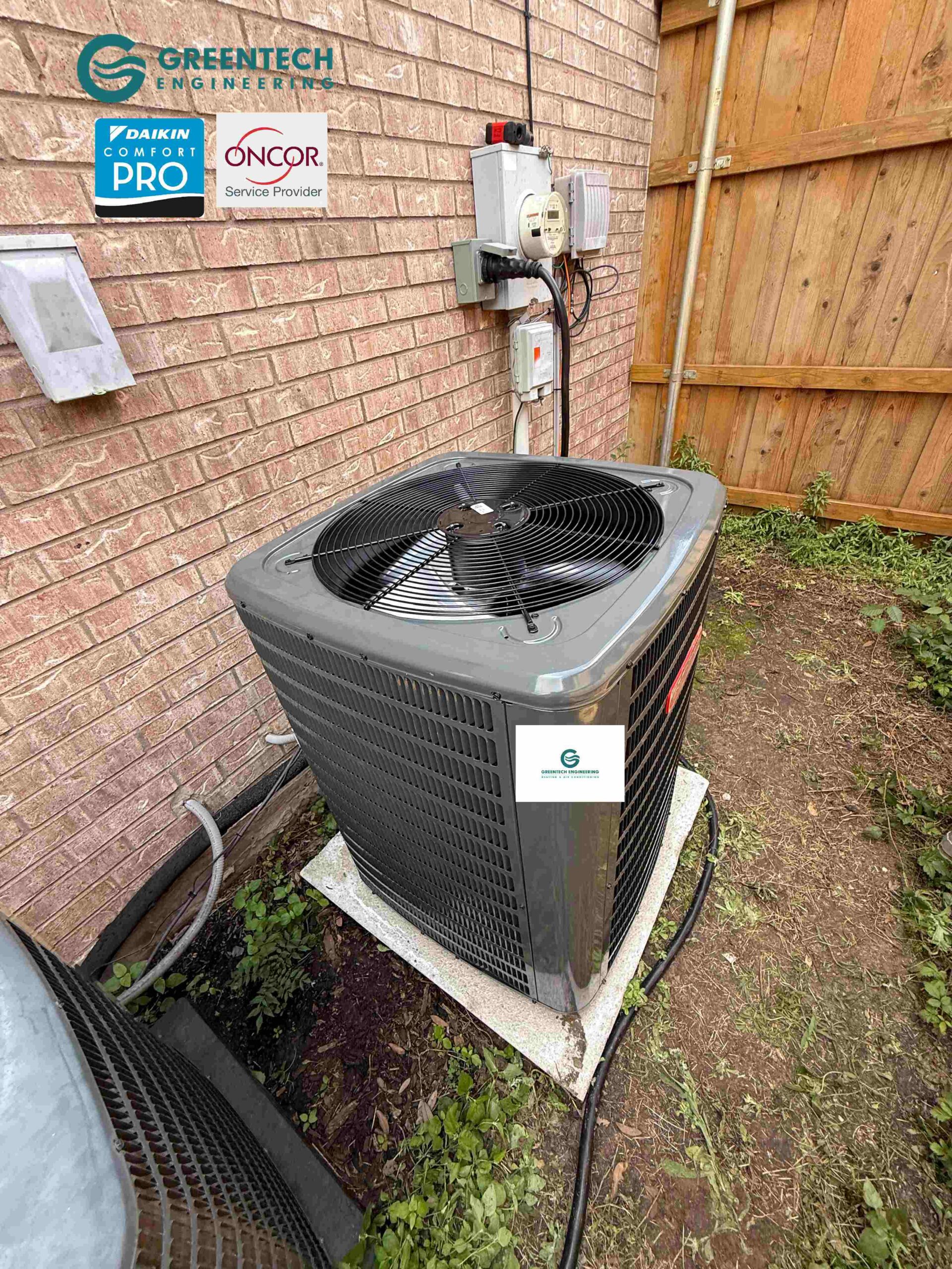 A pristine, newly installed Goodman 3-Ton air conditioning condenser outside a Fort Worth home, featuring Daikin Comfort Pro and Oncor Service Provider badges.