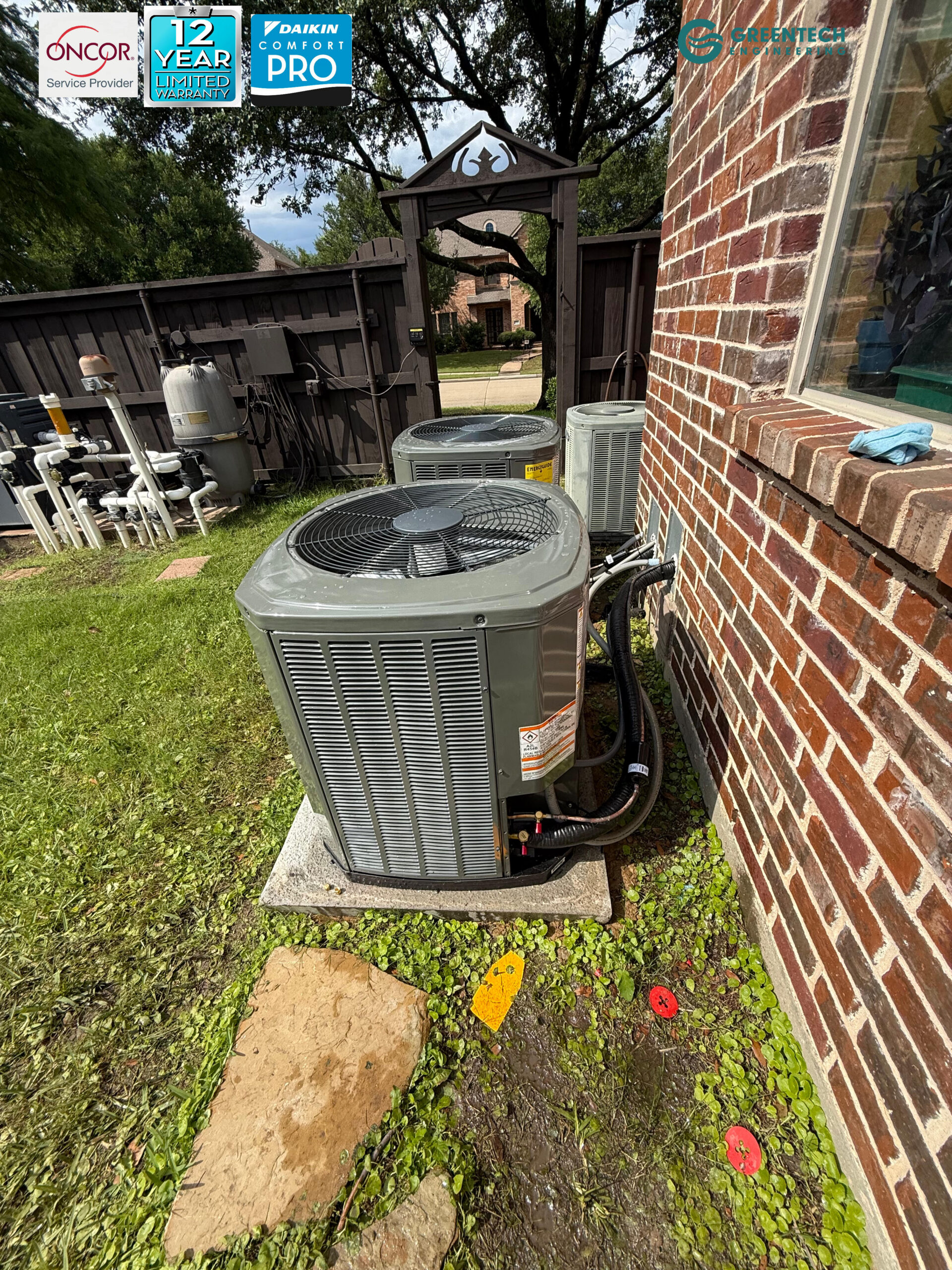 A pristine, newly installed Daikin air conditioning condenser on a concrete pad, alongside an AHRI efficiency certificate.