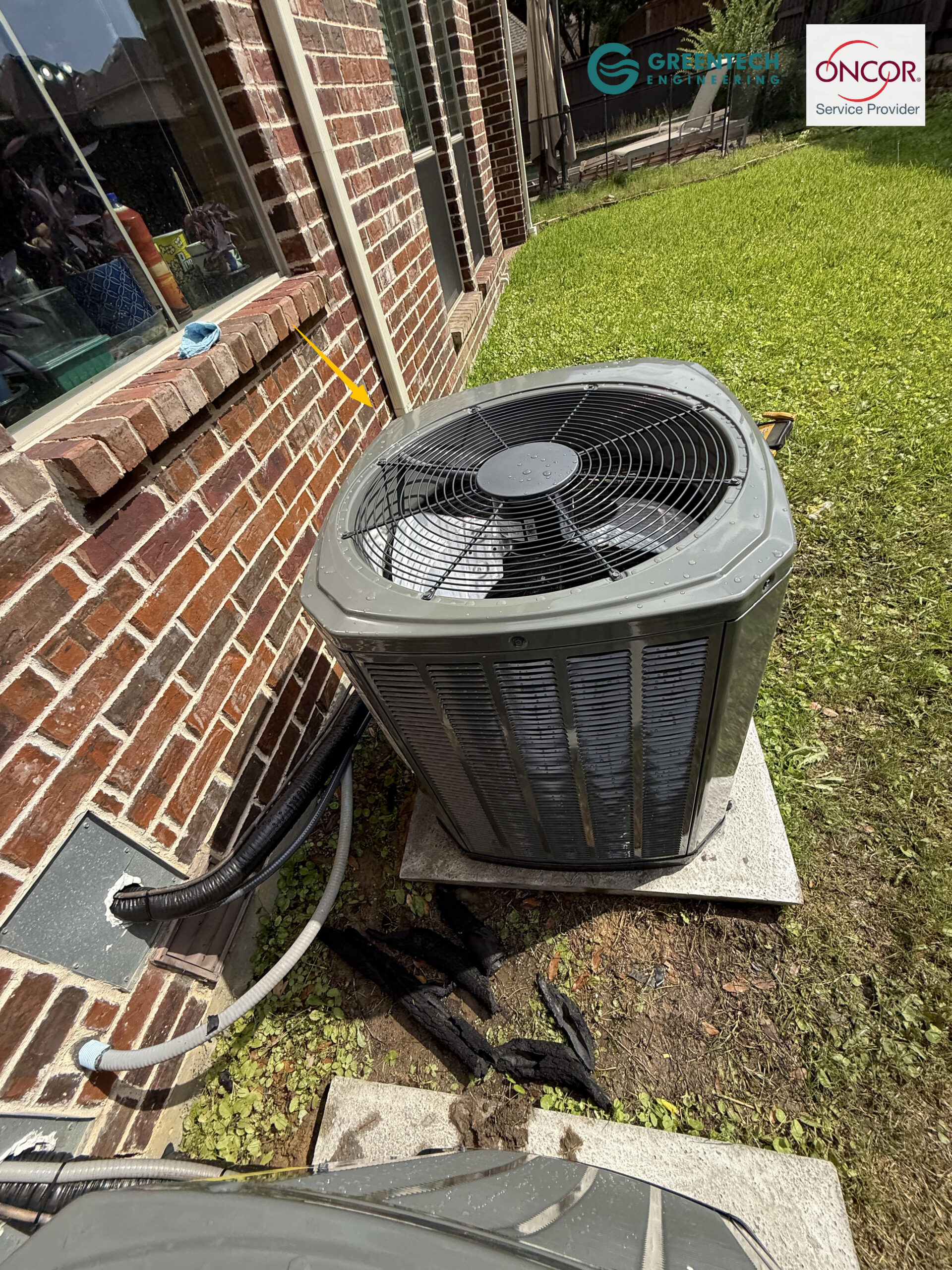 A newly installed Trane 3-Ton air conditioning condenser operating efficiently outside an Allen home on a concrete pad.