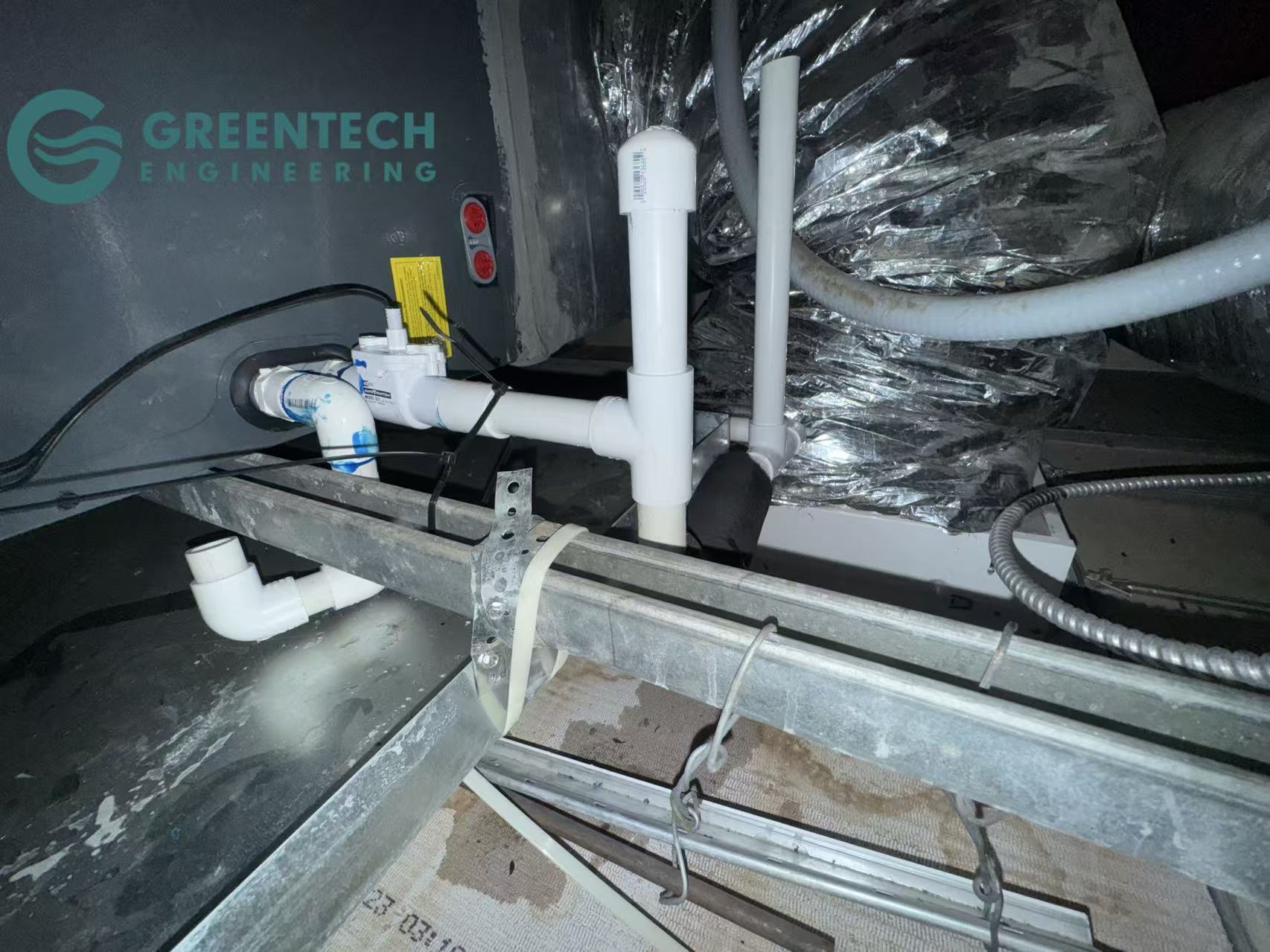 Newly installed AC condensate drain line with a float safety switch to prevent future ceiling water leaks in Little Elm