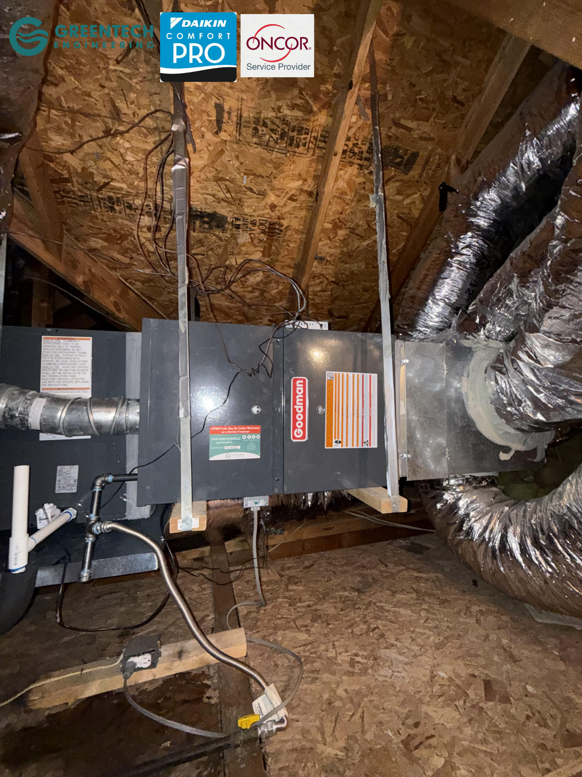 A newly installed, high-efficiency Goodman gas furnace and evaporator coil properly suspended and sealed in a Forney attic.