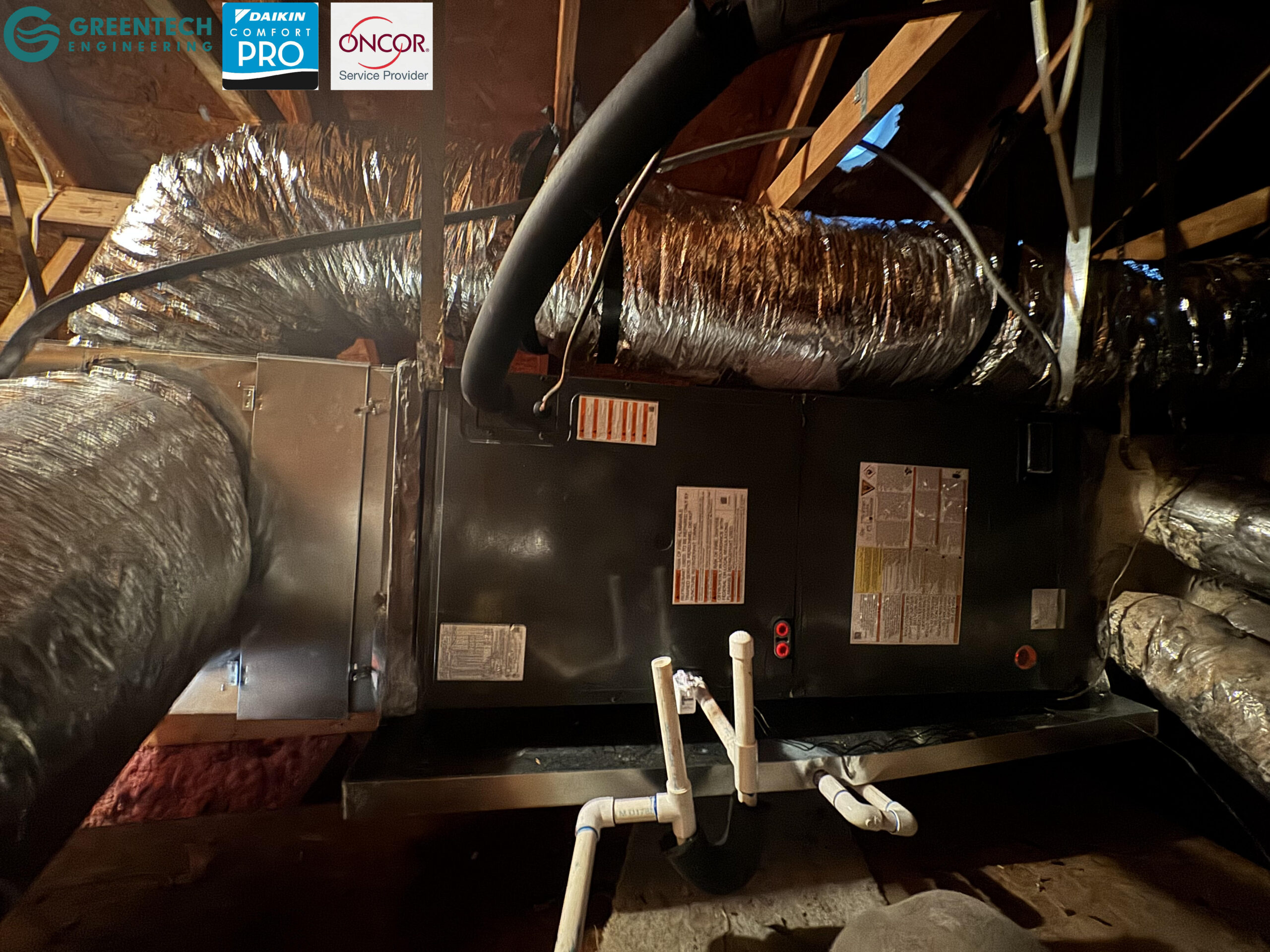 New Goodman 5-Ton horizontal air handler and custom ductwork installed in a Fort Worth attic.
