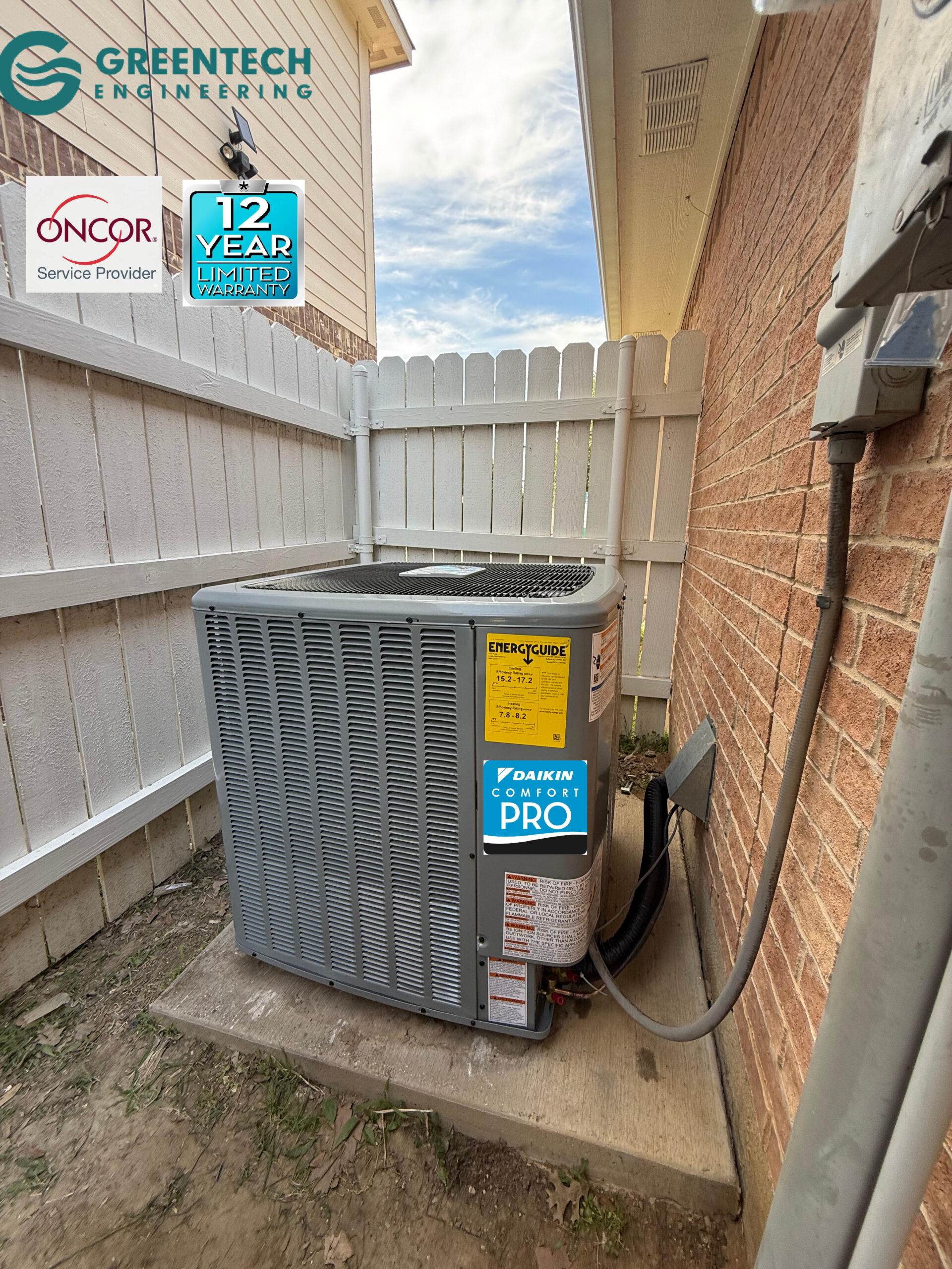 A newly installed, pristine Daikin 3-Ton Two-Stage Heat Pump condenser featuring a bright yellow EnergyGuide sticker, installed in Fort Worth 76179.