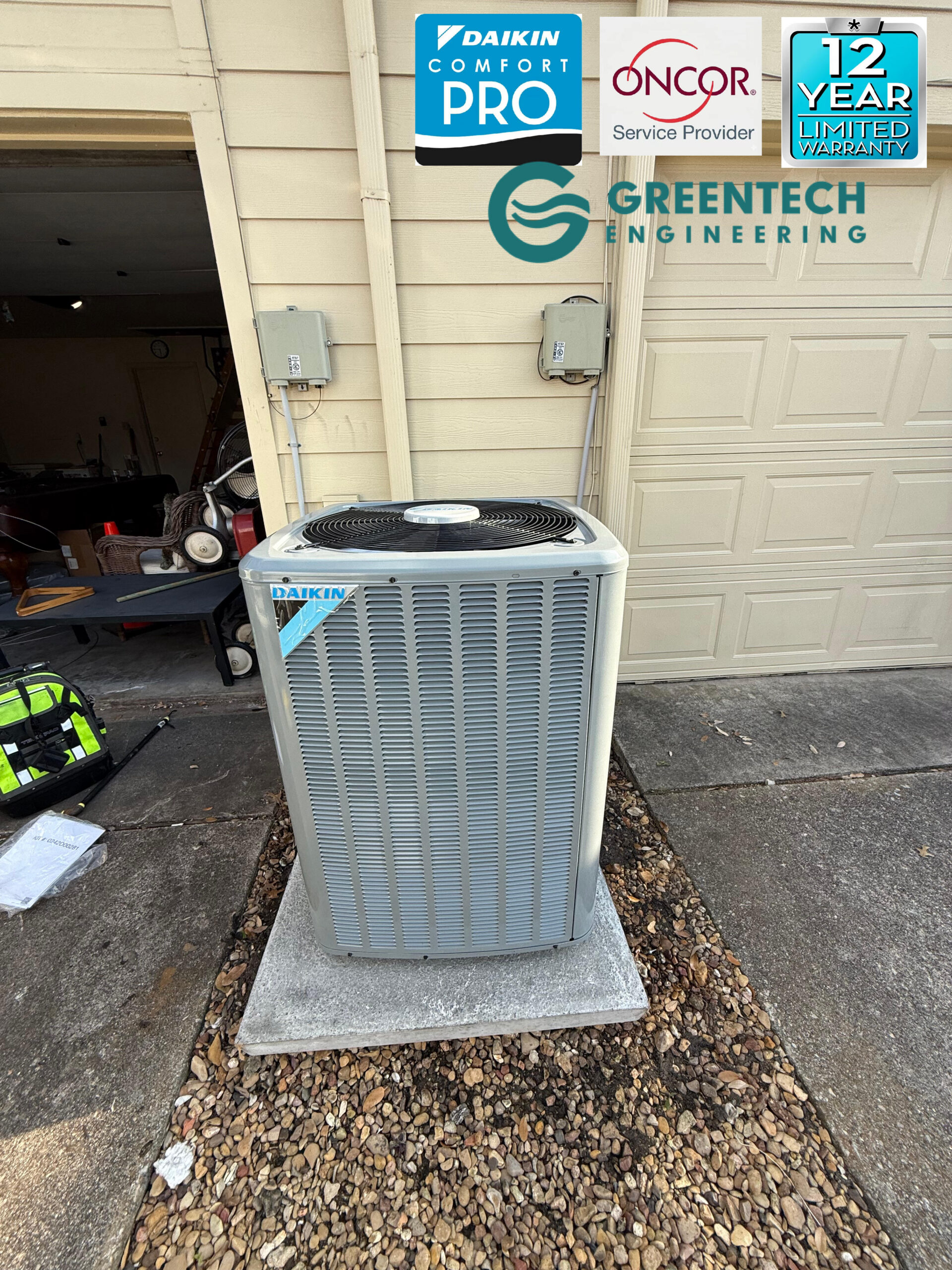 A pristine installation of a high-efficiency Daikin variable-speed air conditioning condenser on a perfectly leveled concrete pad in Fort Worth, TX.