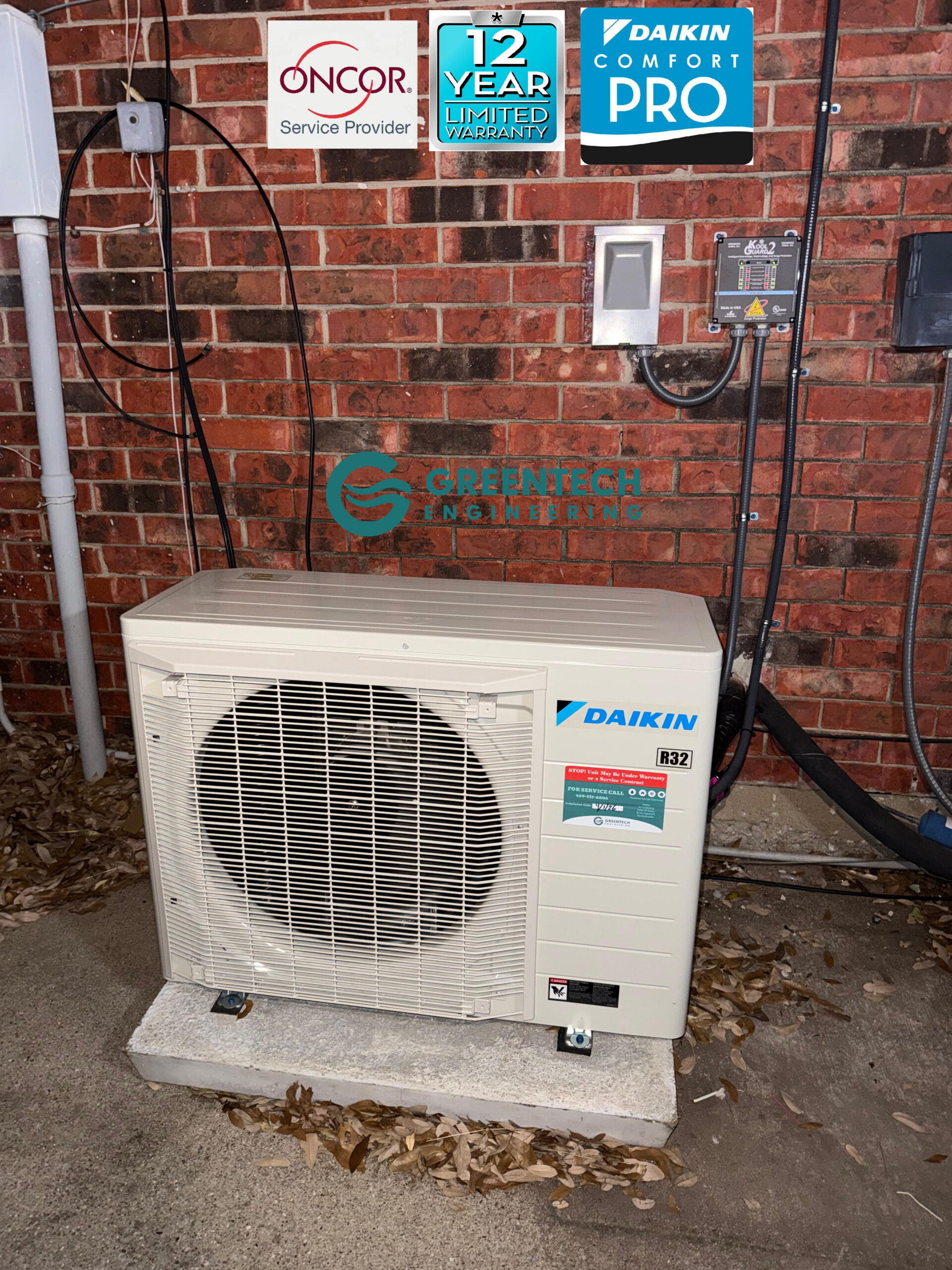 A Greentech Engineering technician installing a premium 17+ SEER2 variable-speed air conditioning condenser at a residential property in Fort Worth, Texas.