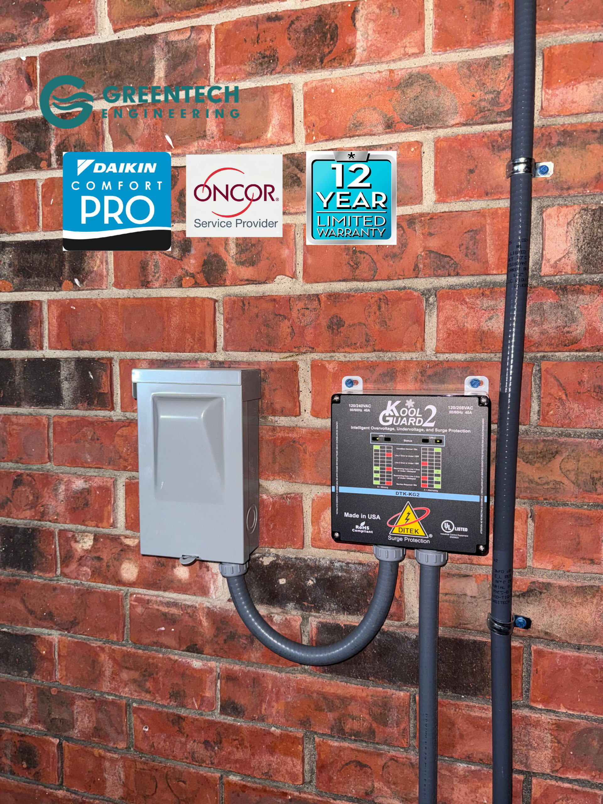 Kool Guard 2 intelligent overvoltage, undervoltage, and surge protector installed next to an electrical disconnect for a high-efficiency Daikin HVAC system in Fort Worth, TX.