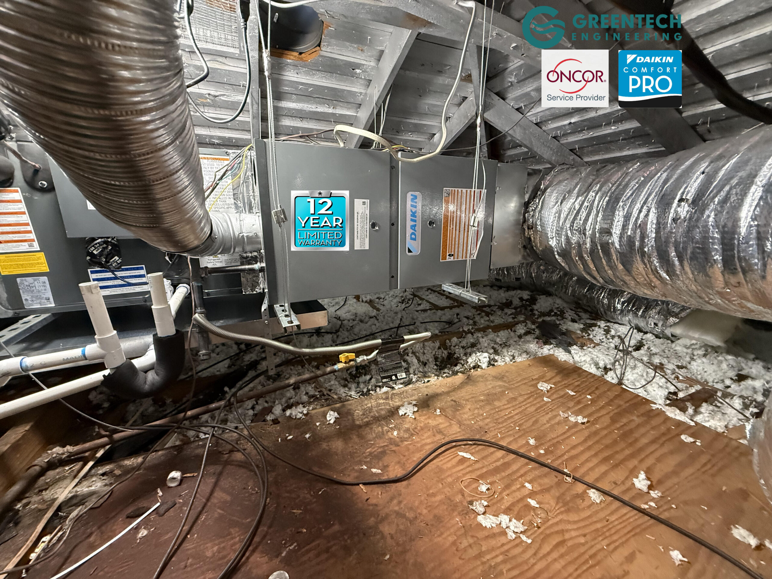 A flawlessly installed Daikin horizontal cased evaporator coil with Electronic Expansion Valve (EEV) and a two-stage variable-speed gas furnace in a Fort Worth attic.