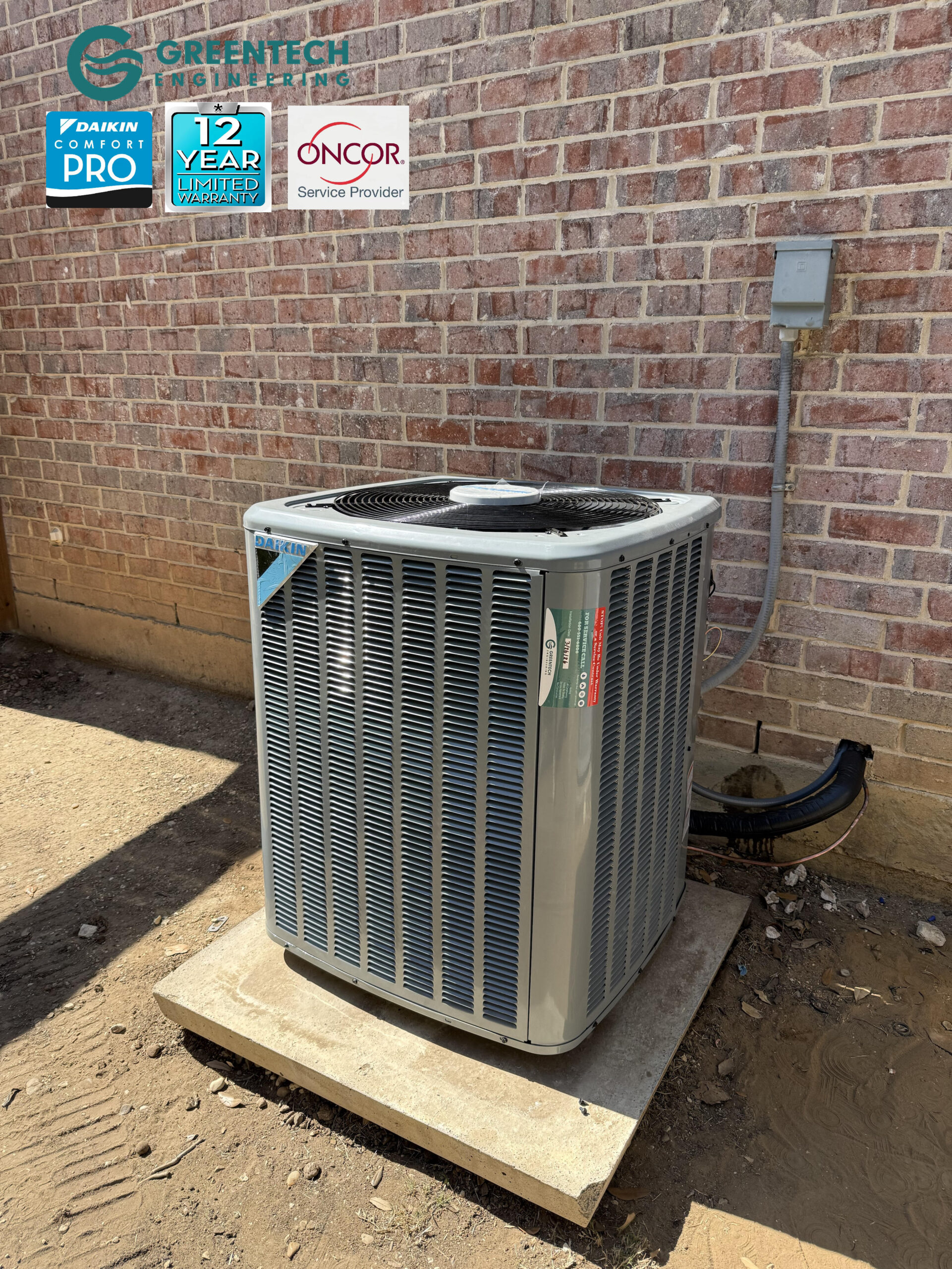 A newly installed, high-efficiency 2.5-Ton Daikin air conditioning condenser on a custom concrete pad by Greentech Engineering in Frisco, TX.