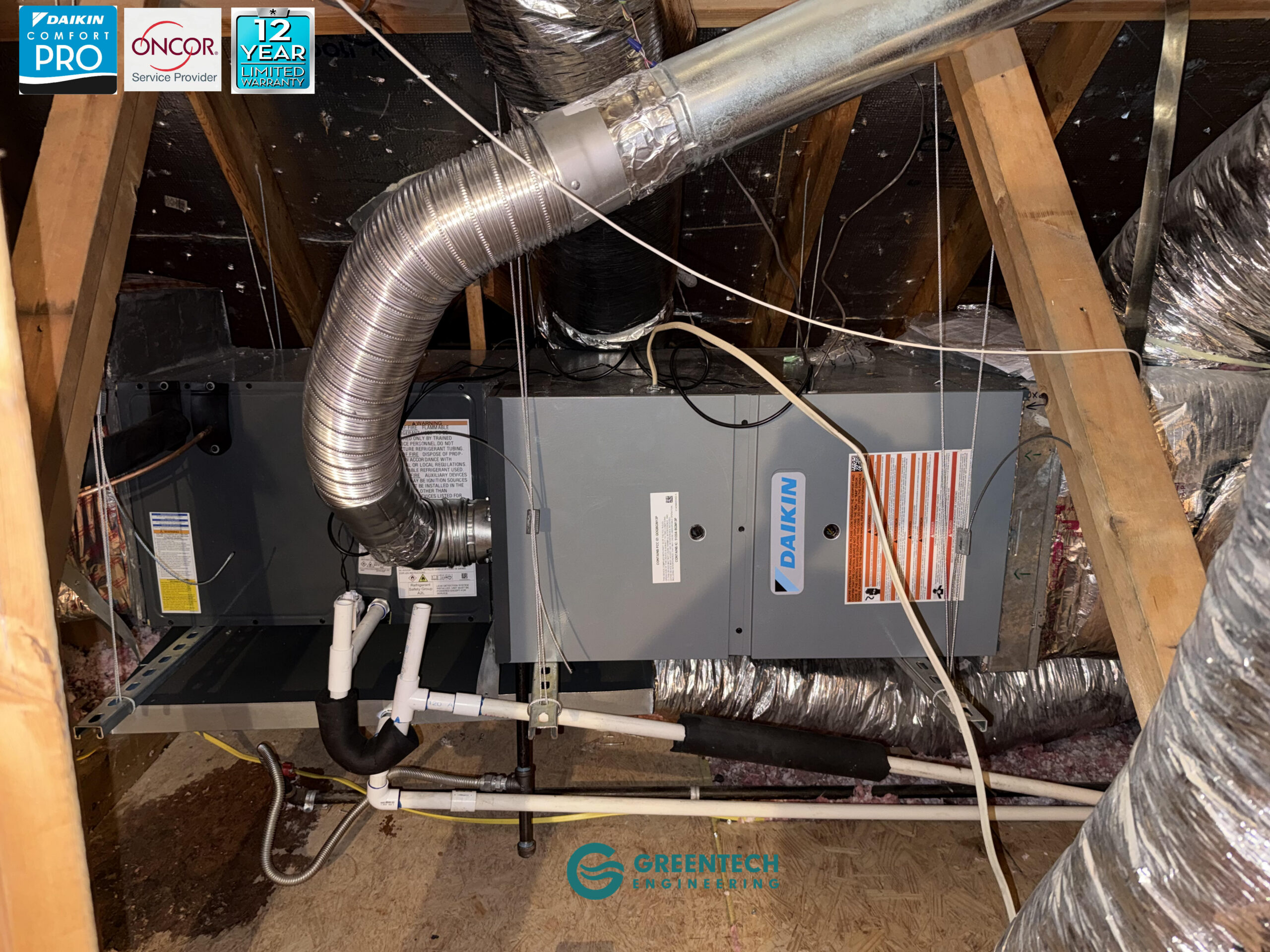 A flawless horizontal attic installation featuring a new Daikin 80% AFUE 2-stage gas furnace and all-aluminum cased coil in Frisco, TX.