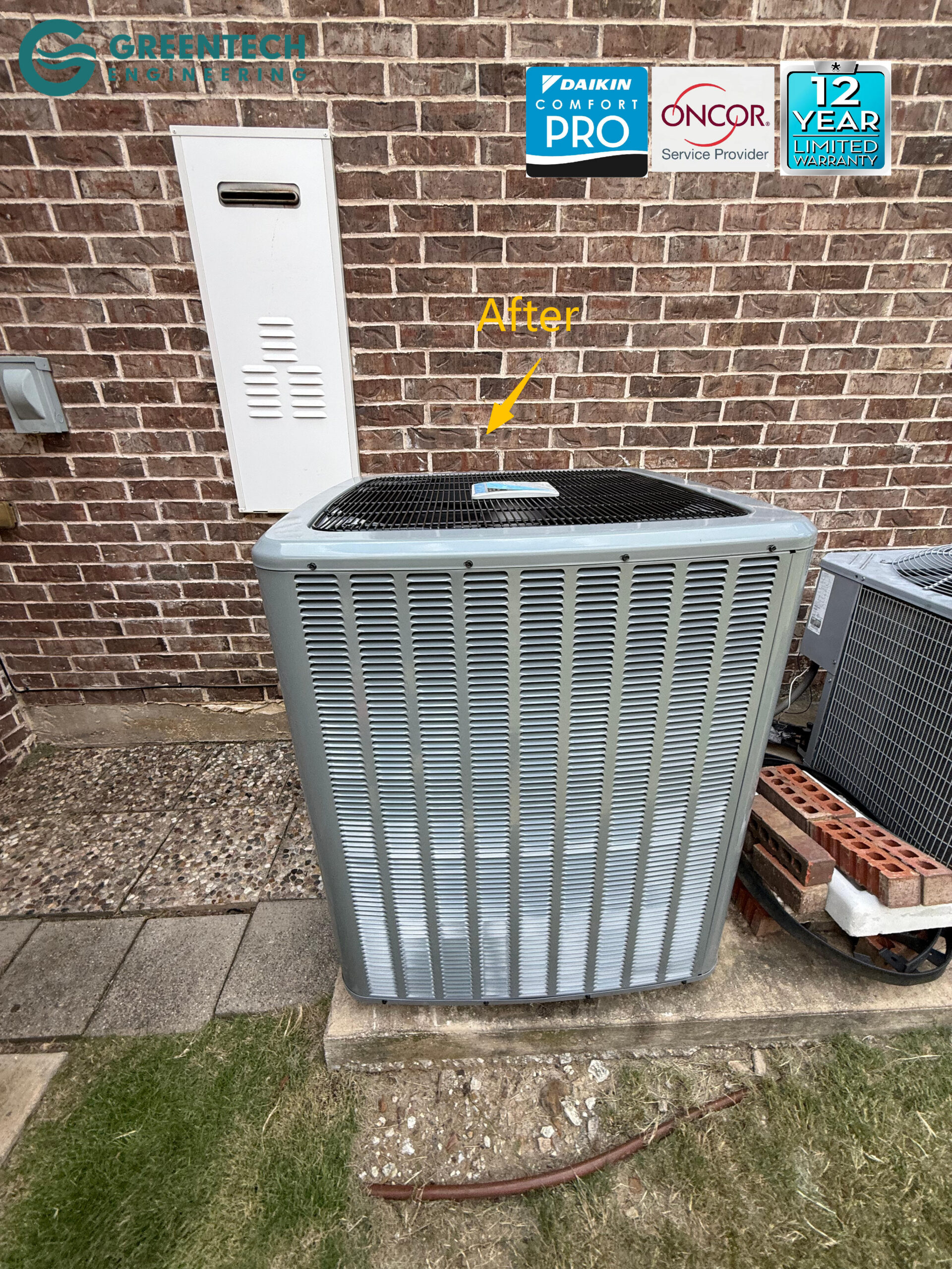 A pristine, energy-efficient Daikin 17.2 SEER2 two-stage air conditioning condenser installed on a secure equipment pad in Frisco, TX.