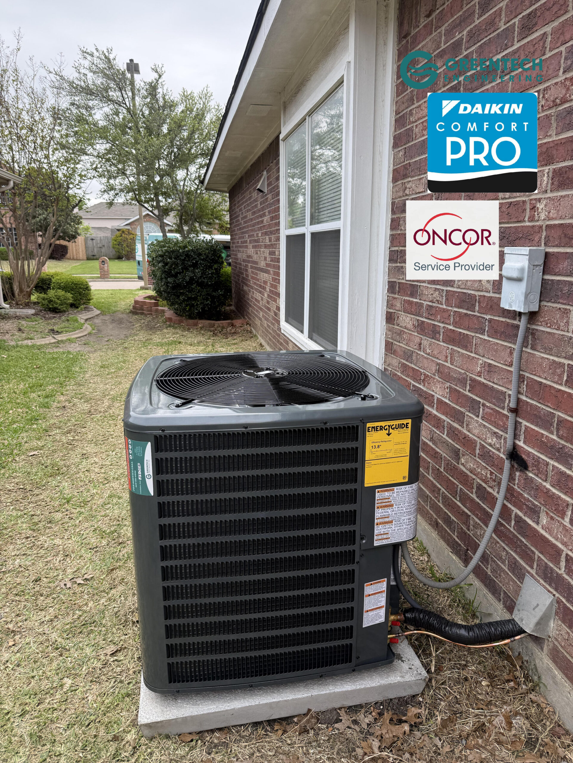 Newly installed Goodman 14.5 SEER2 air conditioning condenser sitting perfectly level on a concrete equipment pad in Grand Prairie, TX.