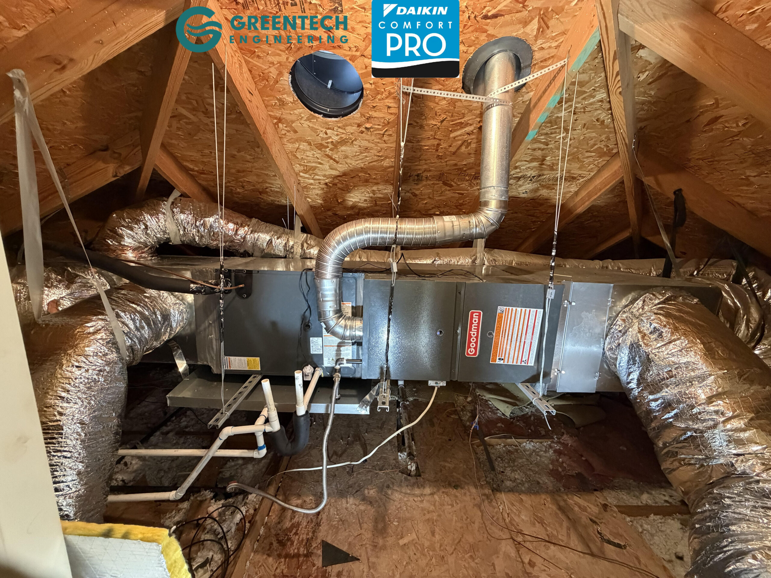 A flawless horizontal attic installation featuring a new Goodman gas furnace, all-aluminum cased coil, and custom-built insulated metal supply and return plenums in Grand Prairie, TX.