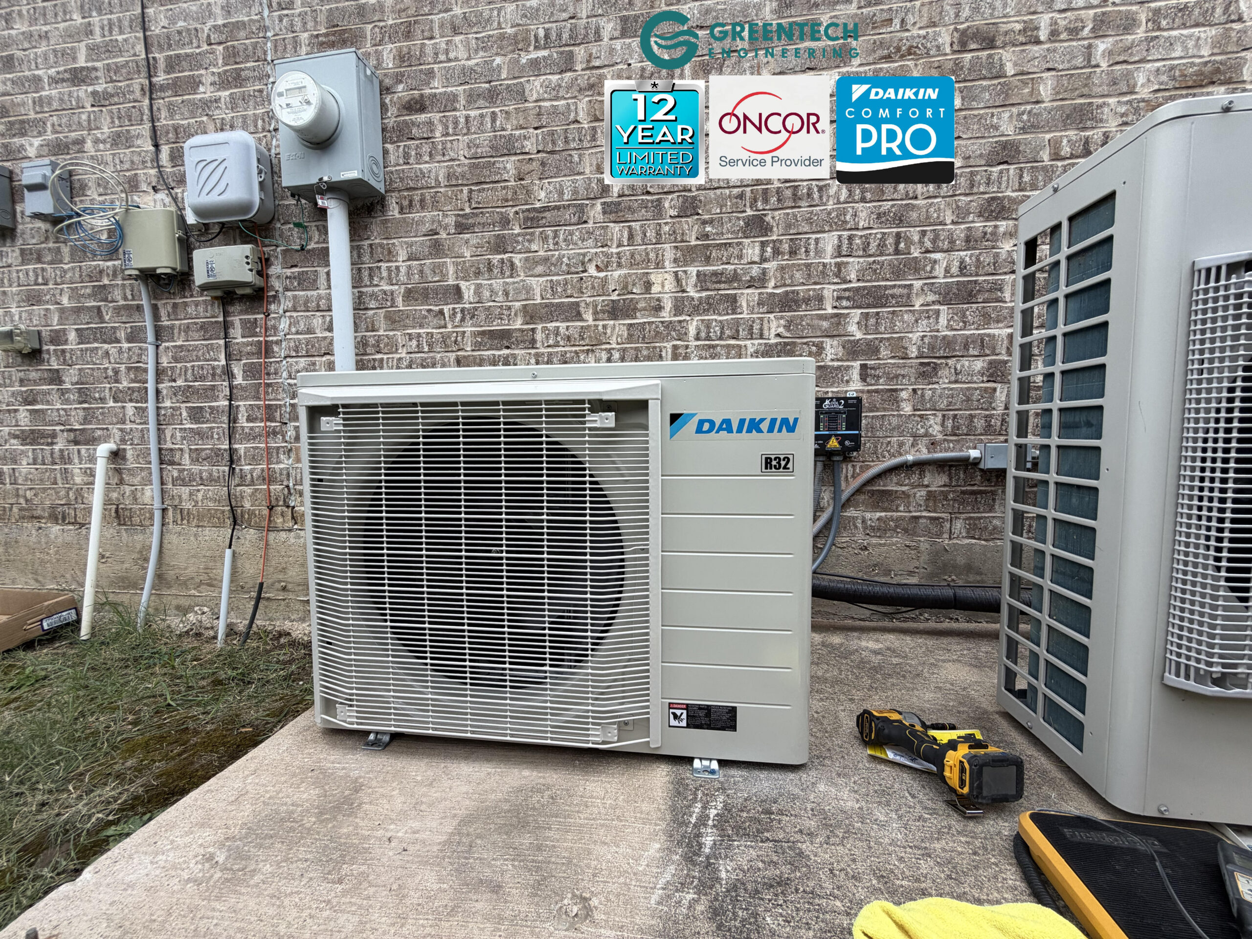A pristine, energy-efficient Daikin Fit 3-Ton variable-speed air conditioning condenser installed on a secure equipment pad in Grand Prairie, TX.