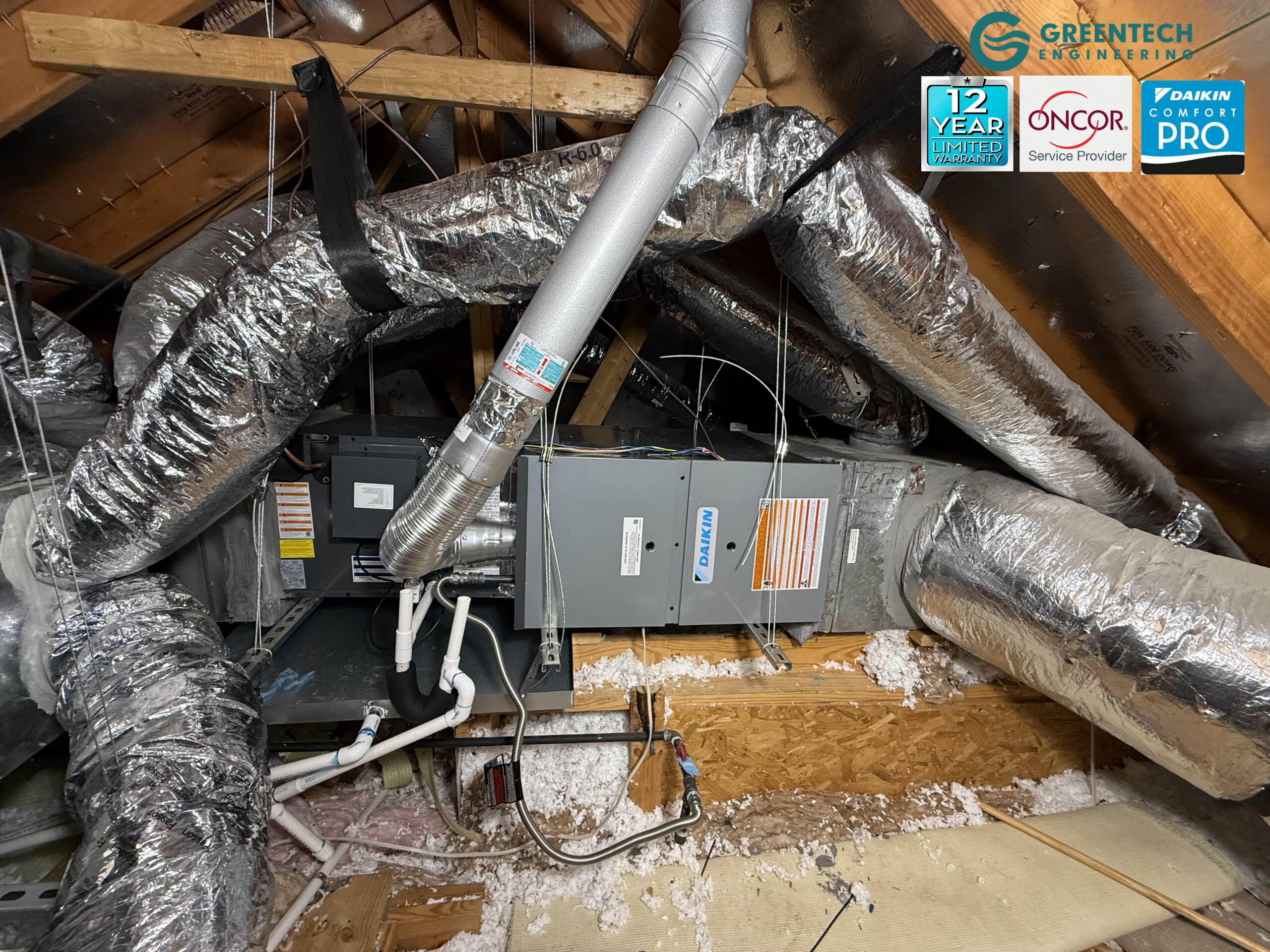 A flawlessly installed Daikin indoor system, featuring an all-aluminum evaporator coil with EEV and a variable-speed gas furnace in a Grand Prairie attic.