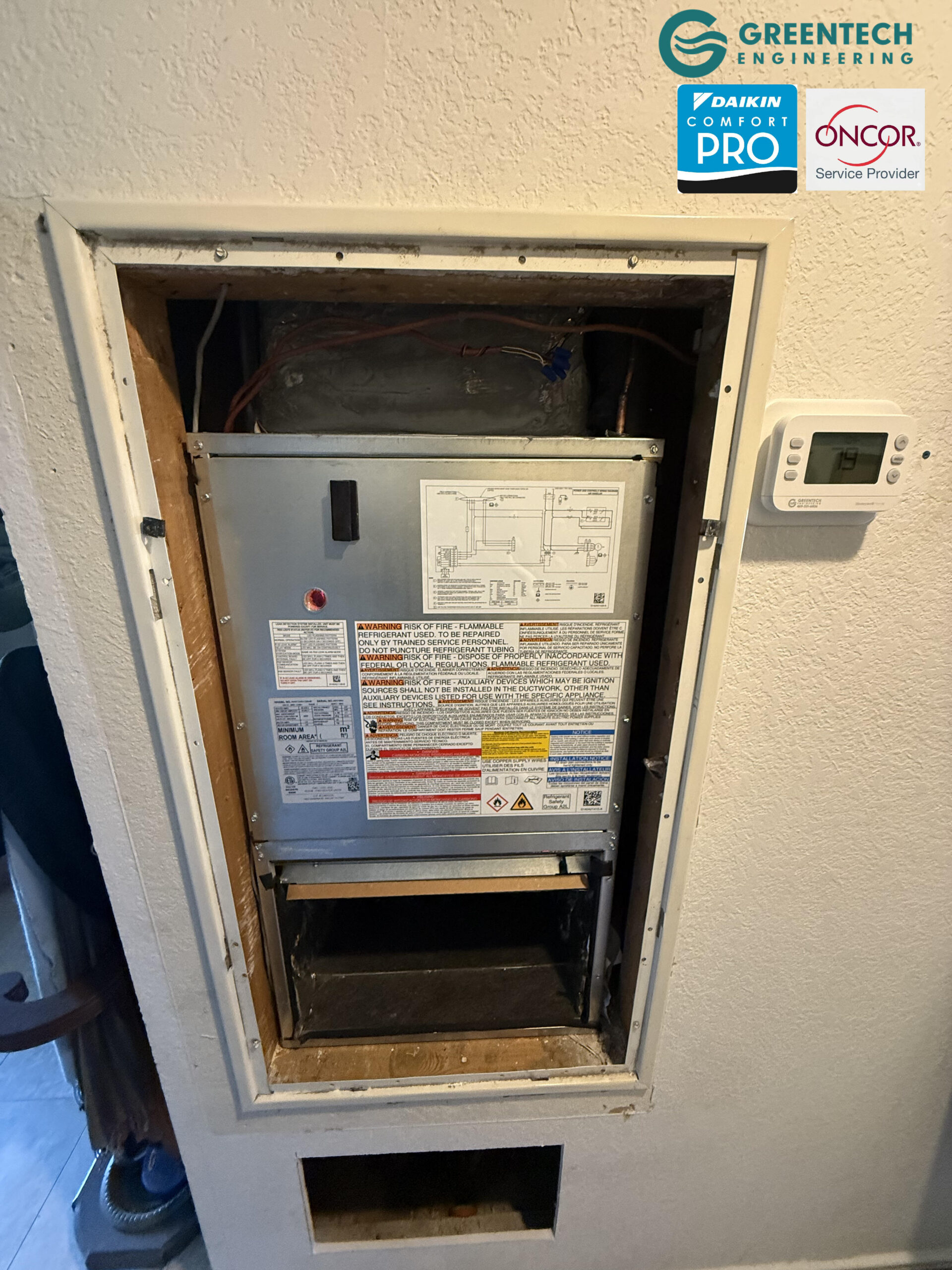 A flawlessly installed Goodman 24,000 BTU wall mount air handler with an internal TXV and 9-Speed ECM blower motor in Grand Prairie, TX.