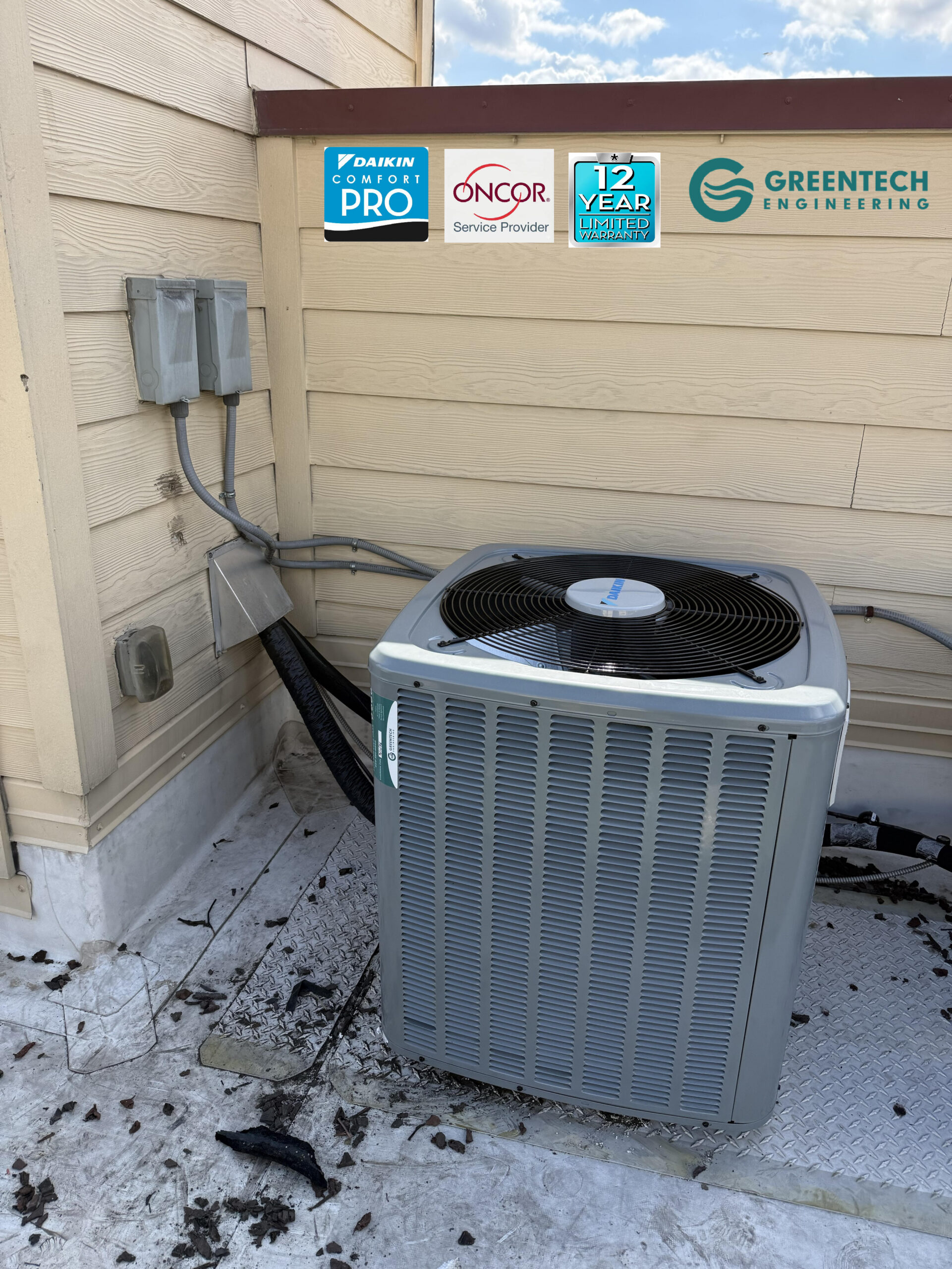 A brand new Daikin heat pump condenser unit installed perfectly on a rooftop/balcony pad in Far North Dallas, representing high efficiency and Oncor rebate eligibility.