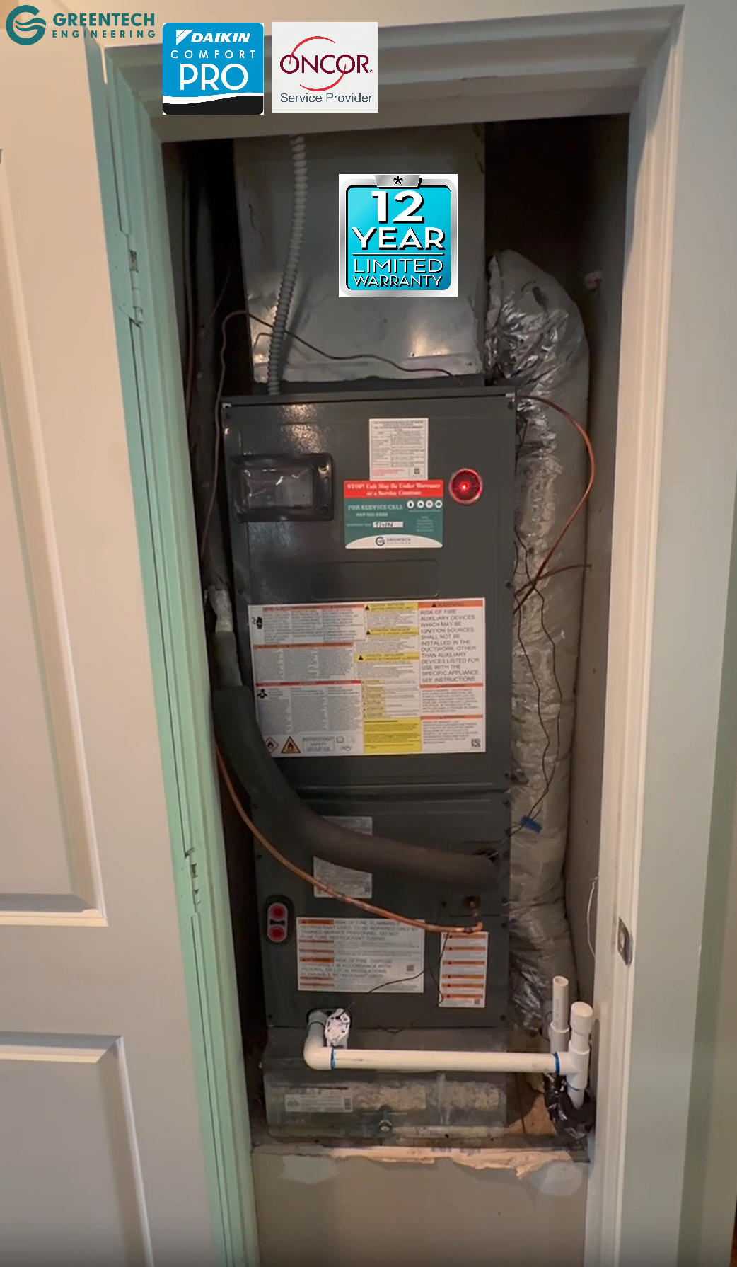 A brand new, high-efficiency Daikin indoor air handler installed cleanly in a utility closet with proper condensate drainage and insulation.