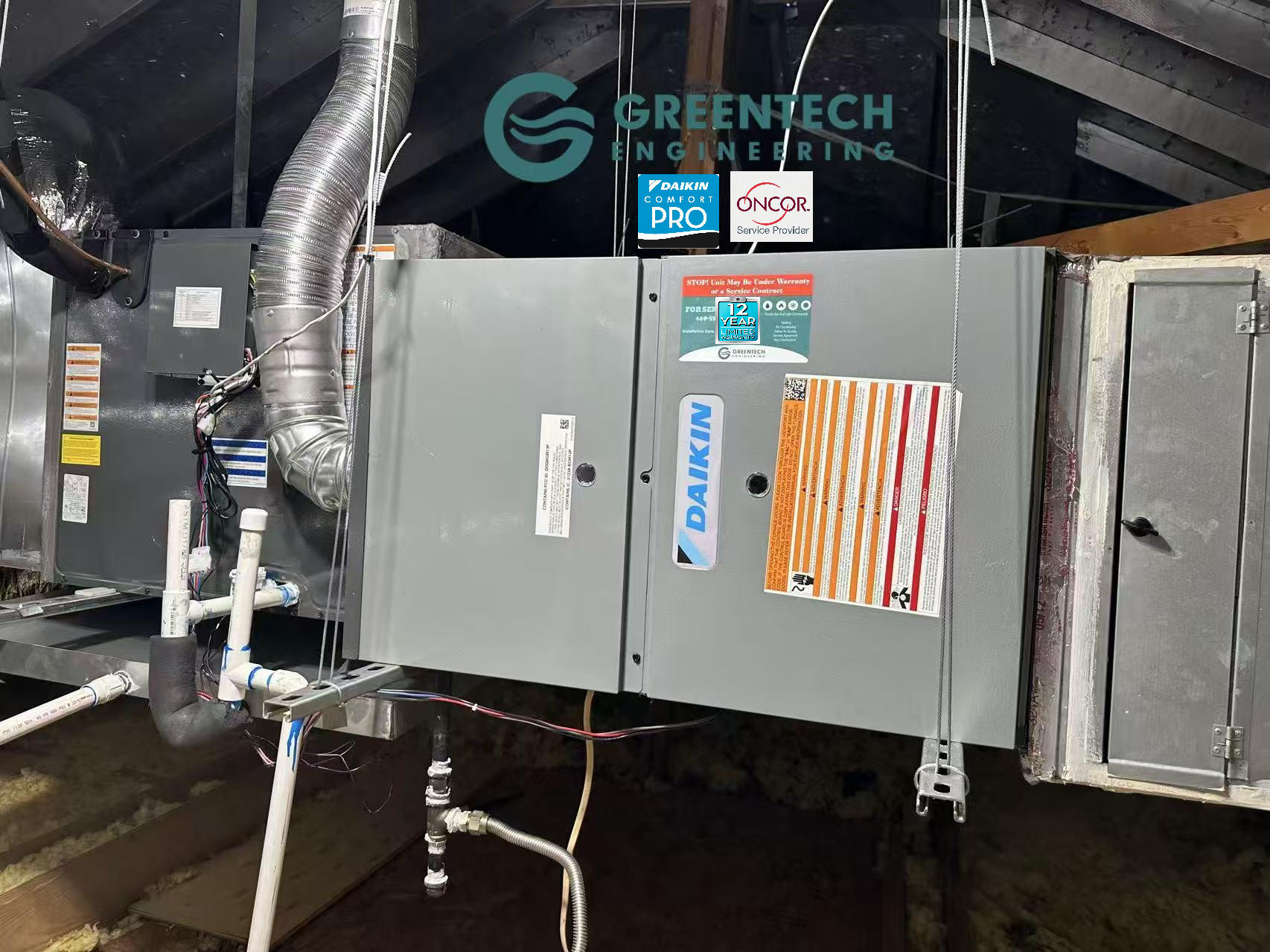 A new Daikin communicating indoor air handler, perfectly leveled and suspended with heavy-duty metal strapping in a Forney attic.