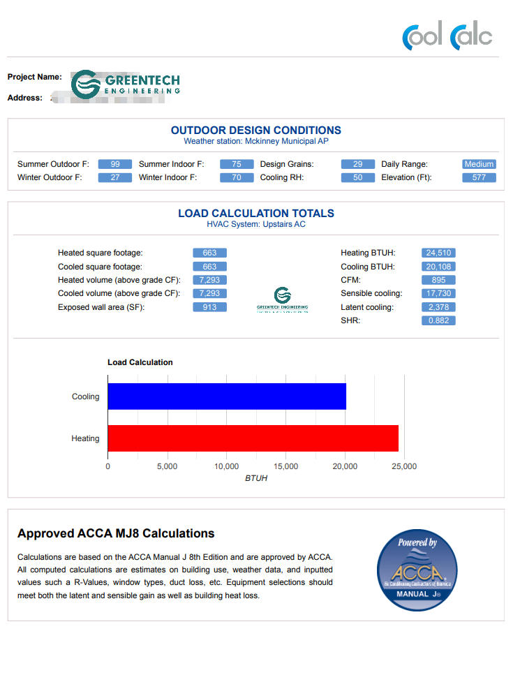 Greentech Engineering ACCA Manual J load calculation report proving the Grand Prairie home only requires 3 tons of cooling capacity