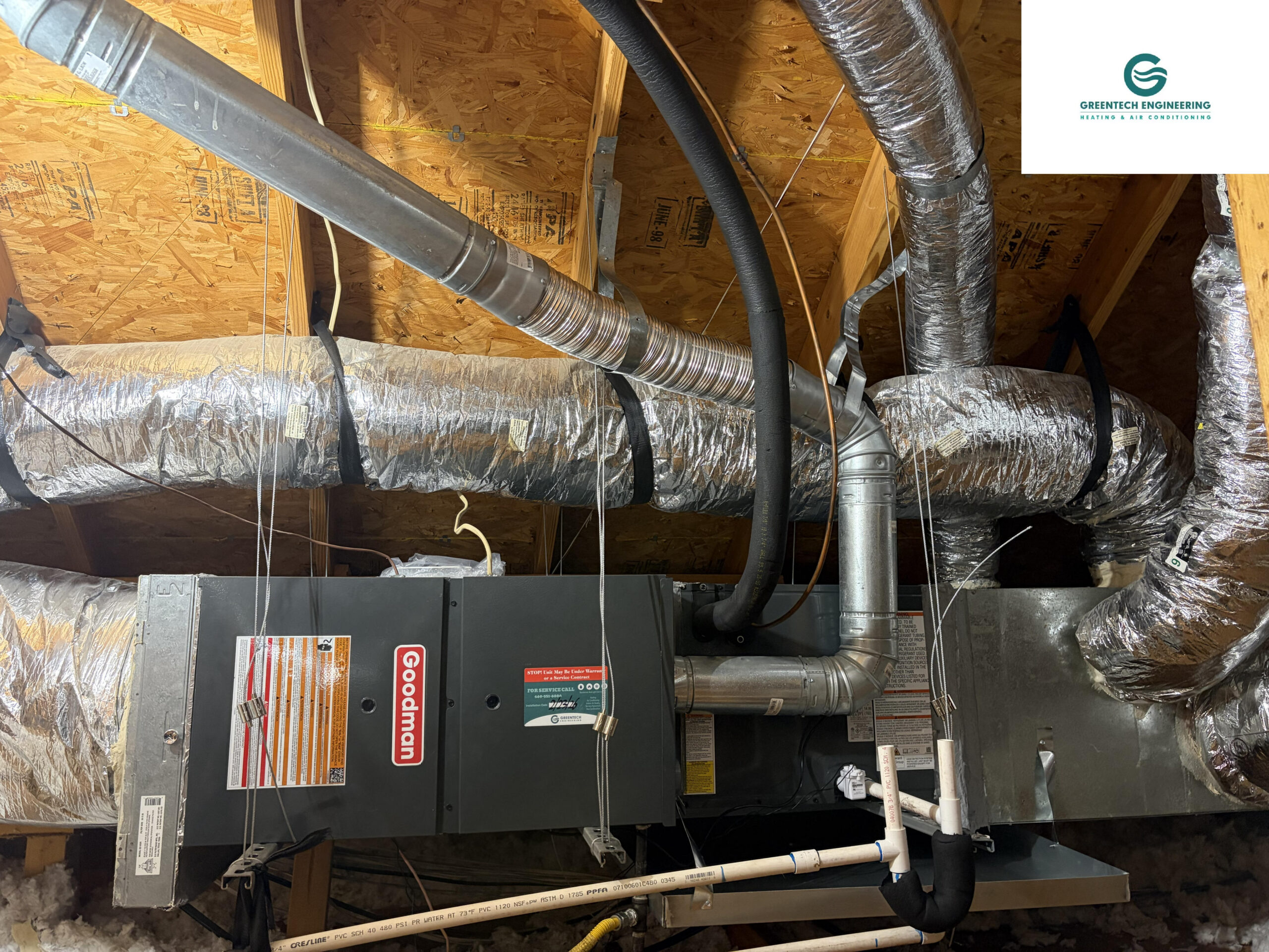 Newly installed Goodman air handler and sealed ductwork in a Grand Prairie attic