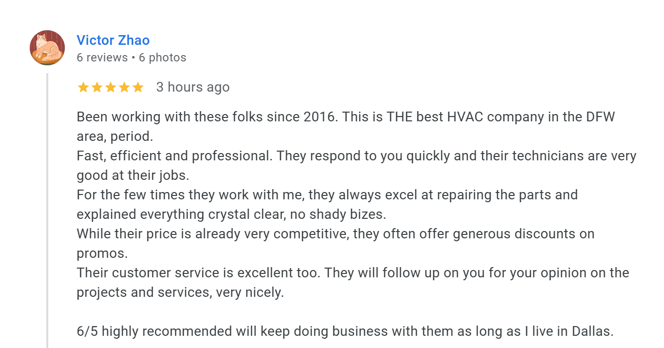 A 5-star Google review from Victor Zhao praising Greentech Engineering for fast, efficient service and "no shady bizes" since 2016.