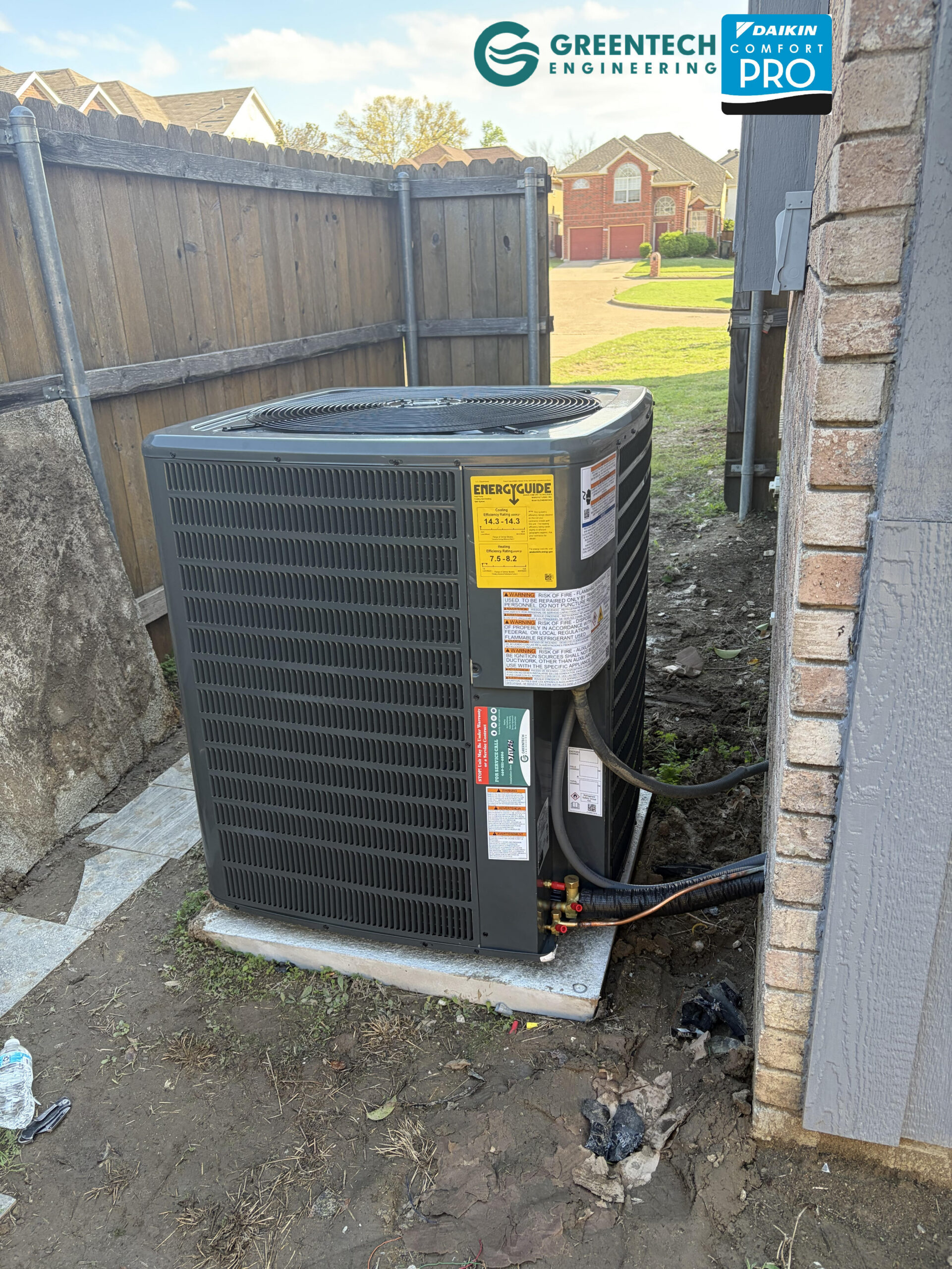 New Goodman high-efficiency Heat Pump AC condenser unit installed nicely outside.