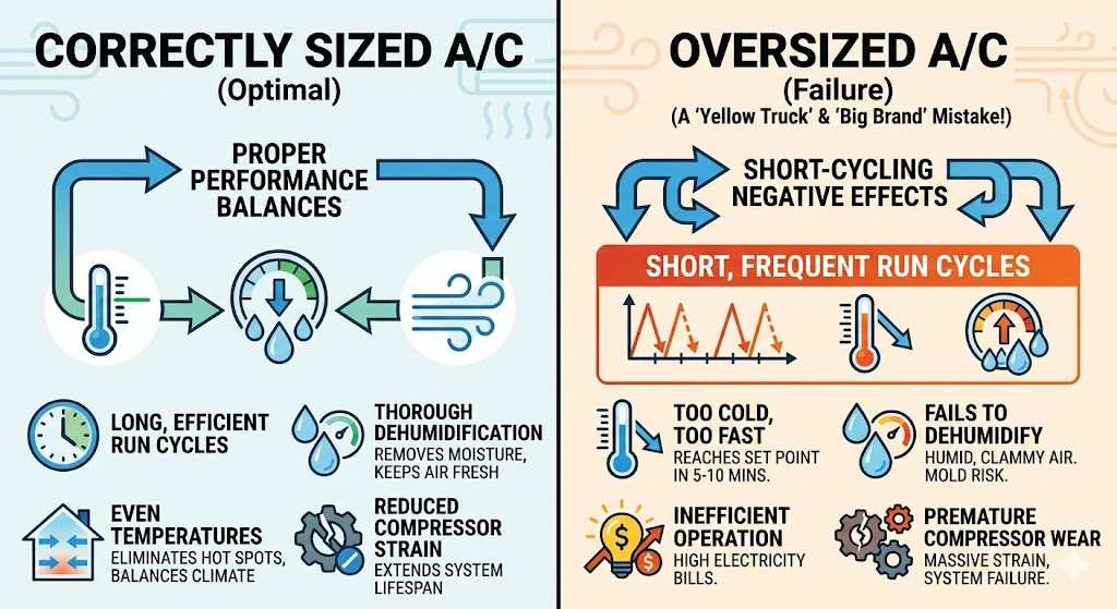 A graphic diagram illustrating how an oversized HVAC system short-cycles, failing to remove humidity from the home compared to a properly sized system.