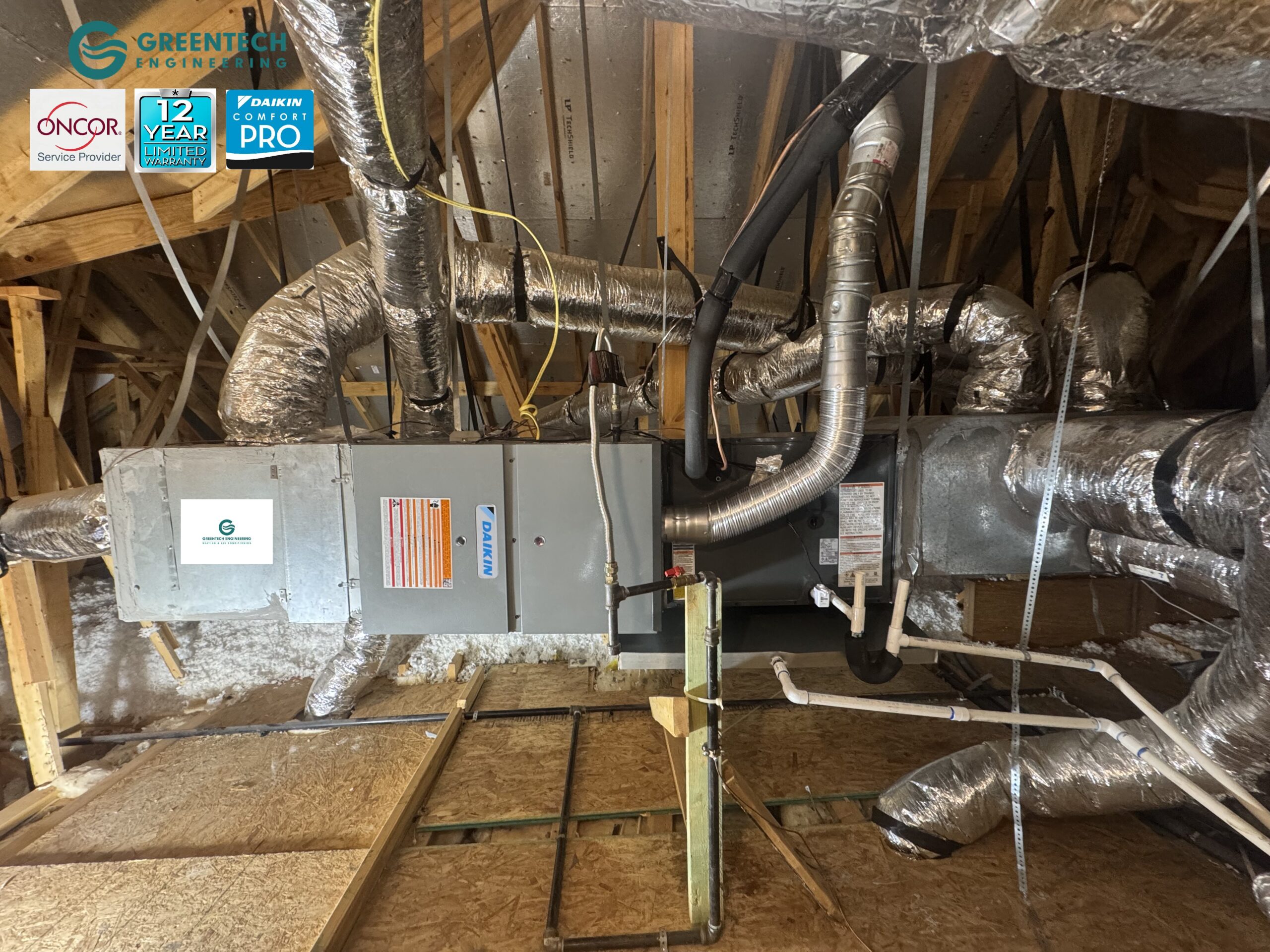 Newly installed Daikin horizontal gas furnace and evaporator coil in a residential attic, sealed perfectly with silver HVAC tape.