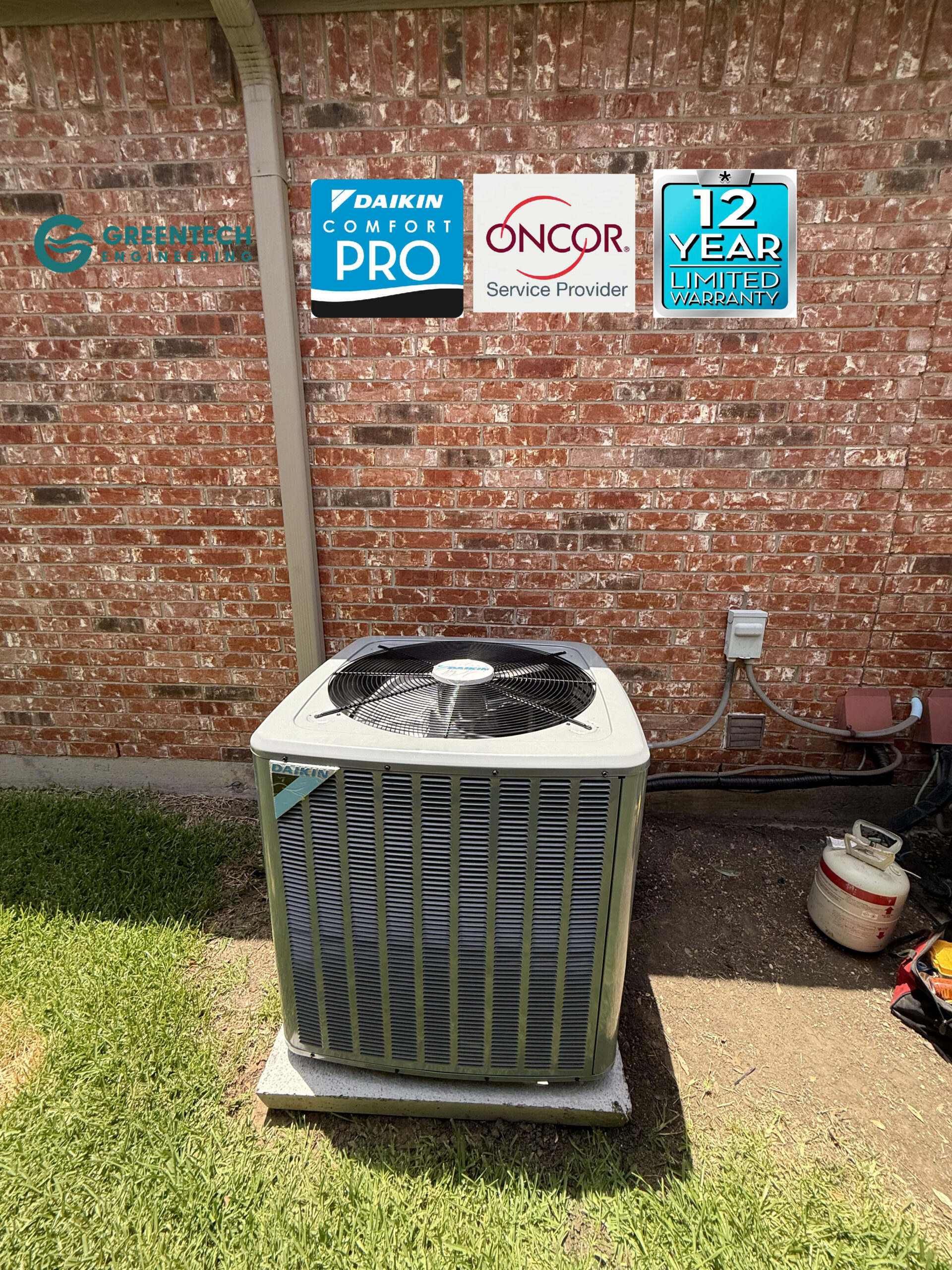 A pristine, energy-efficient Daikin air conditioning condenser installed on a secure equipment pad in Plano, TX.