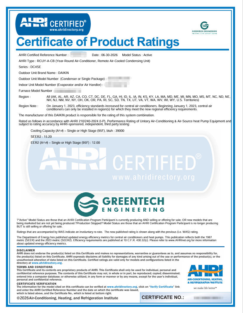 An official AHRI Certificate of Product Ratings verifying the 15.2 SEER2 efficiency of the installed Daikin HVAC system.