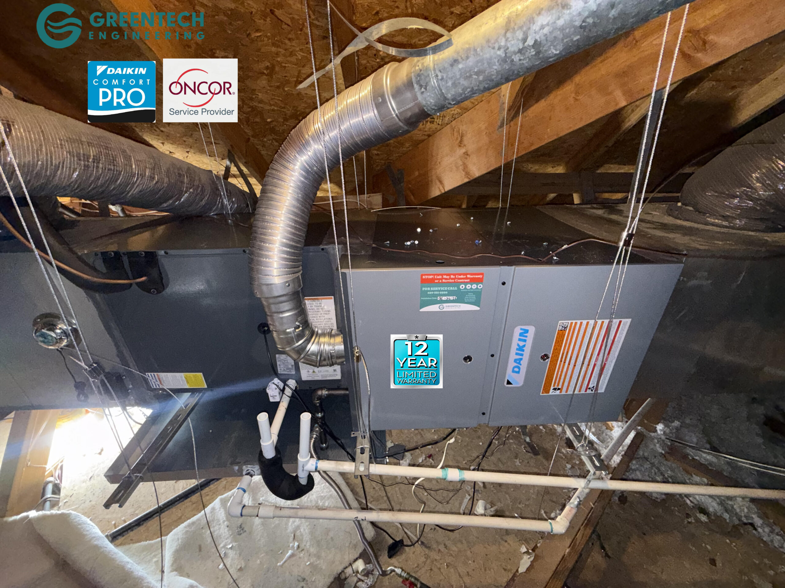 A new Daikin horizontal cased evaporator coil and gas furnace installed flawlessly in the attic of a Plano, Texas home.
