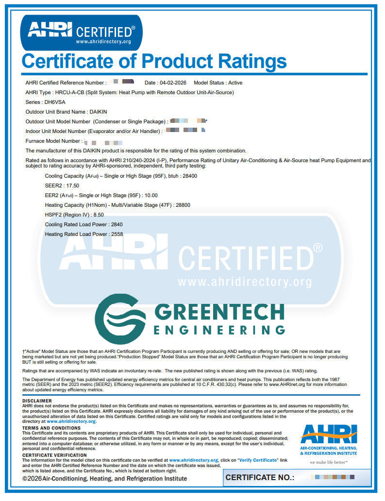Official AHRI Certificate of Product Ratings proving the Greentech Engineering Daikin Fit Dual-Fuel installation achieves 17.50 SEER2 and 10.0 EER.