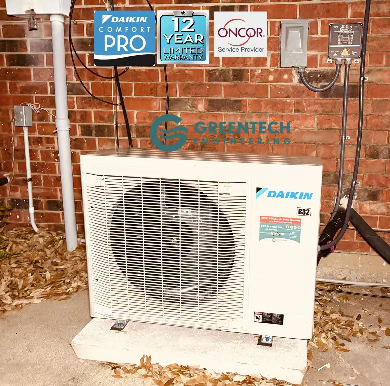 A newly installed, space-saving Daikin Fit side-discharge variable-speed heat pump sitting on a level concrete pad in Plano, Texas.