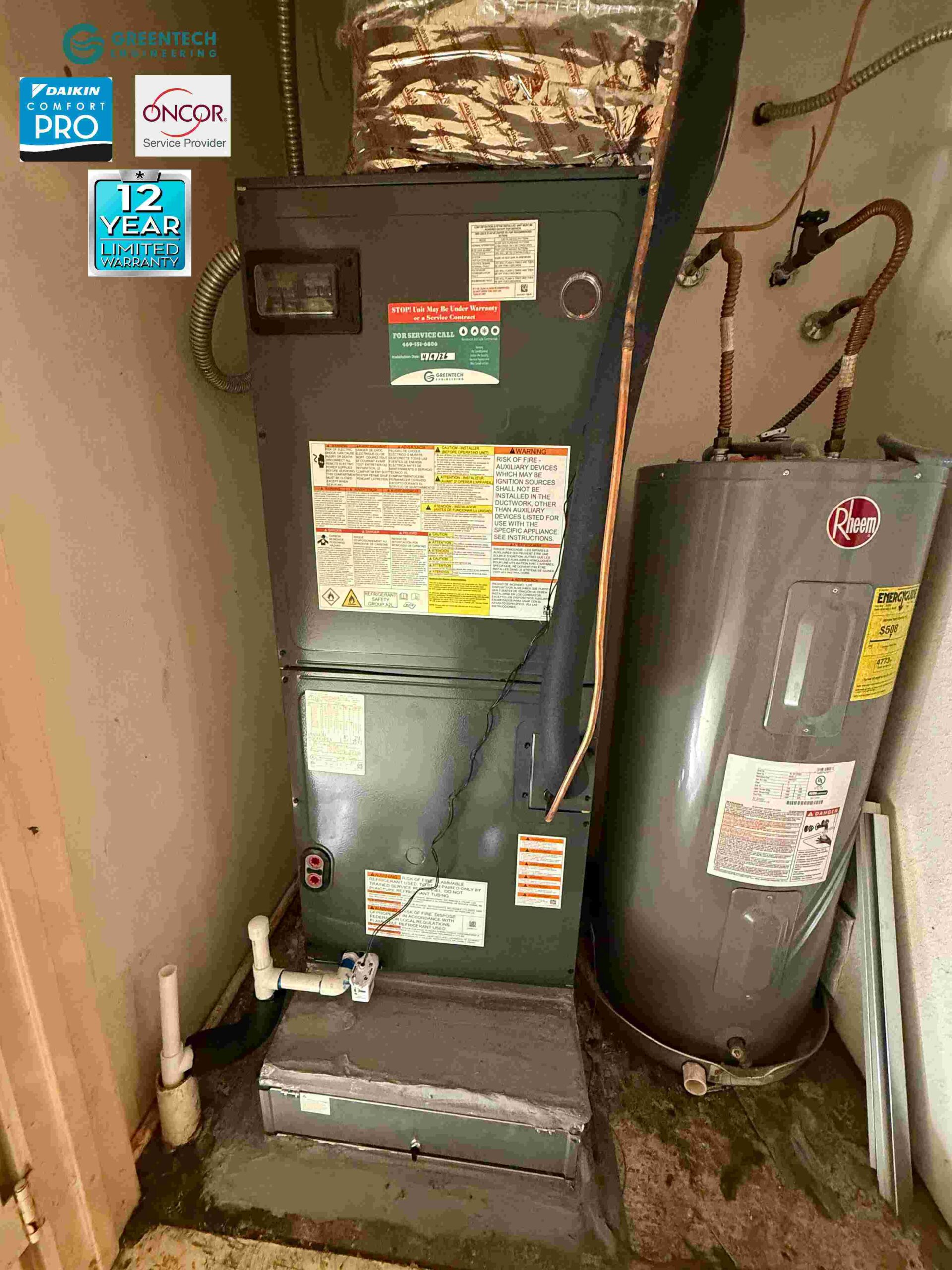 A newly installed, highly efficient Daikin multi-position air handler with an internal TXV and 15kW heat strip, located in a residential utility closet.