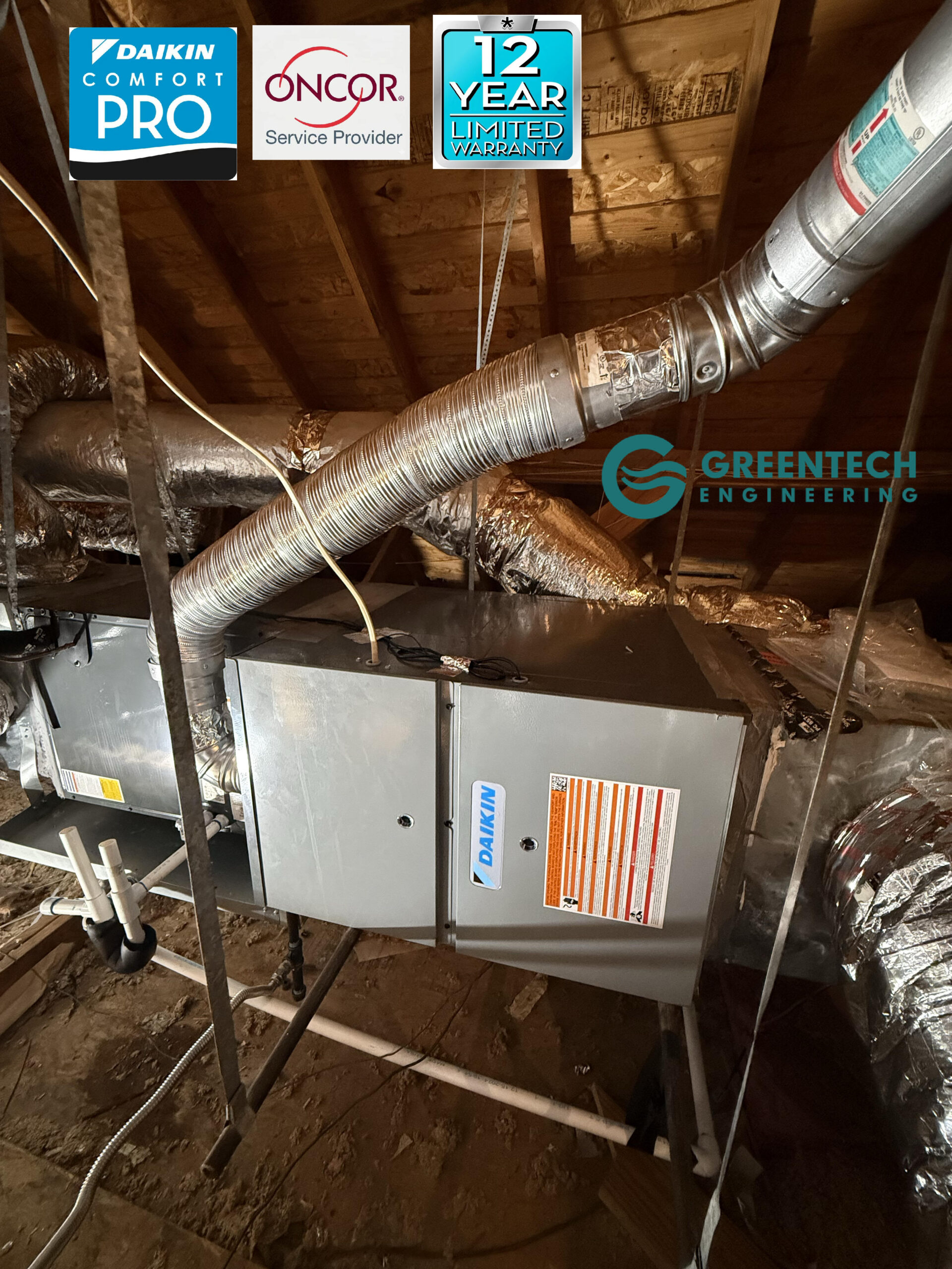 A pristine installation of a new Daikin gas furnace and evaporator coil suspended in a Plano attic, connected to a custom insulated metal supply plenum.