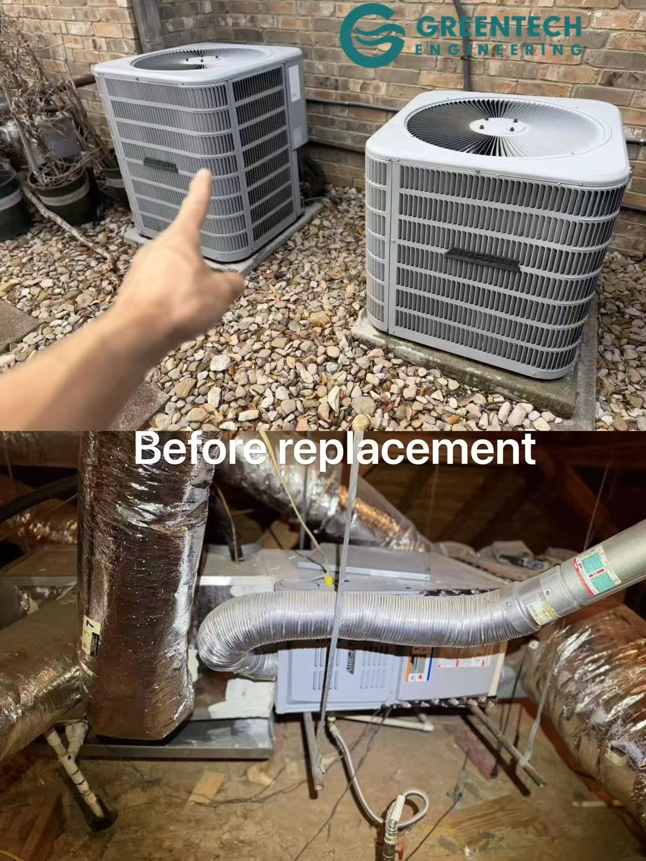 A side-by-side comparison showing an outdated, single-stage outdoor AC condenser and a dusty, deteriorating indoor attic HVAC unit before being replaced in a Plano, TX home.