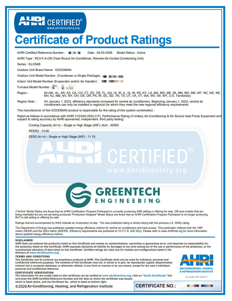 Official AHRI Certificate of Product Ratings proving the Greentech Engineering Goodman HVAC installation achieves 14.50 SEER2 and 11.70 EER2.