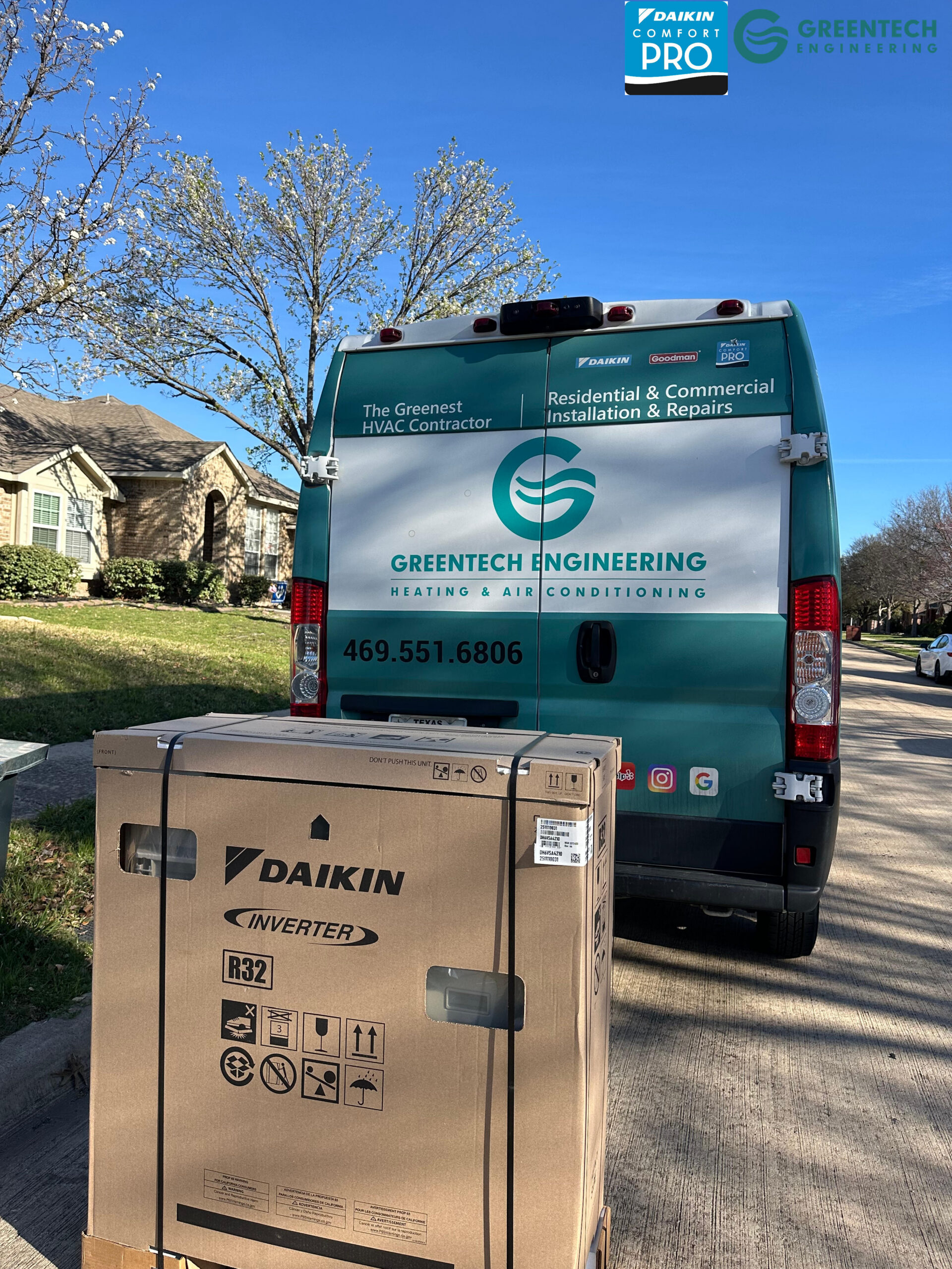 A Greentech Engineering van parked outside a residential home in Plano, Texas, delivering a brand new Daikin Inverter AC system in its factory box.