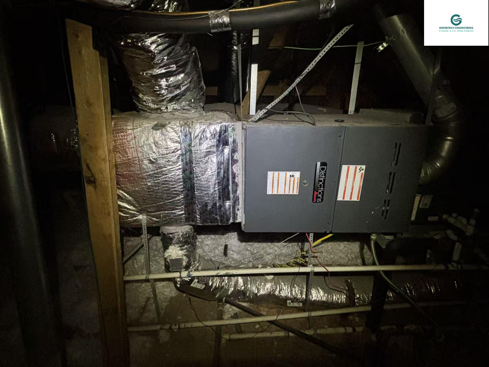 An old, degraded attic gas furnace unit in Little Elm slated for removal by Greentech Engineering.