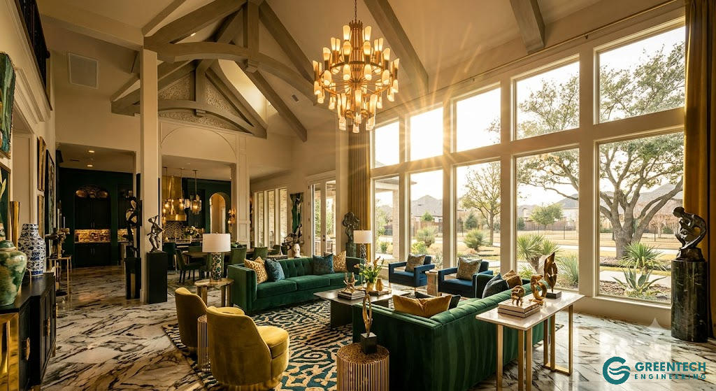A luxury living room in Plano, Texas, featuring high ceilings and large windows, which create massive solar heat gain and thermal load challenges for HVAC systems.