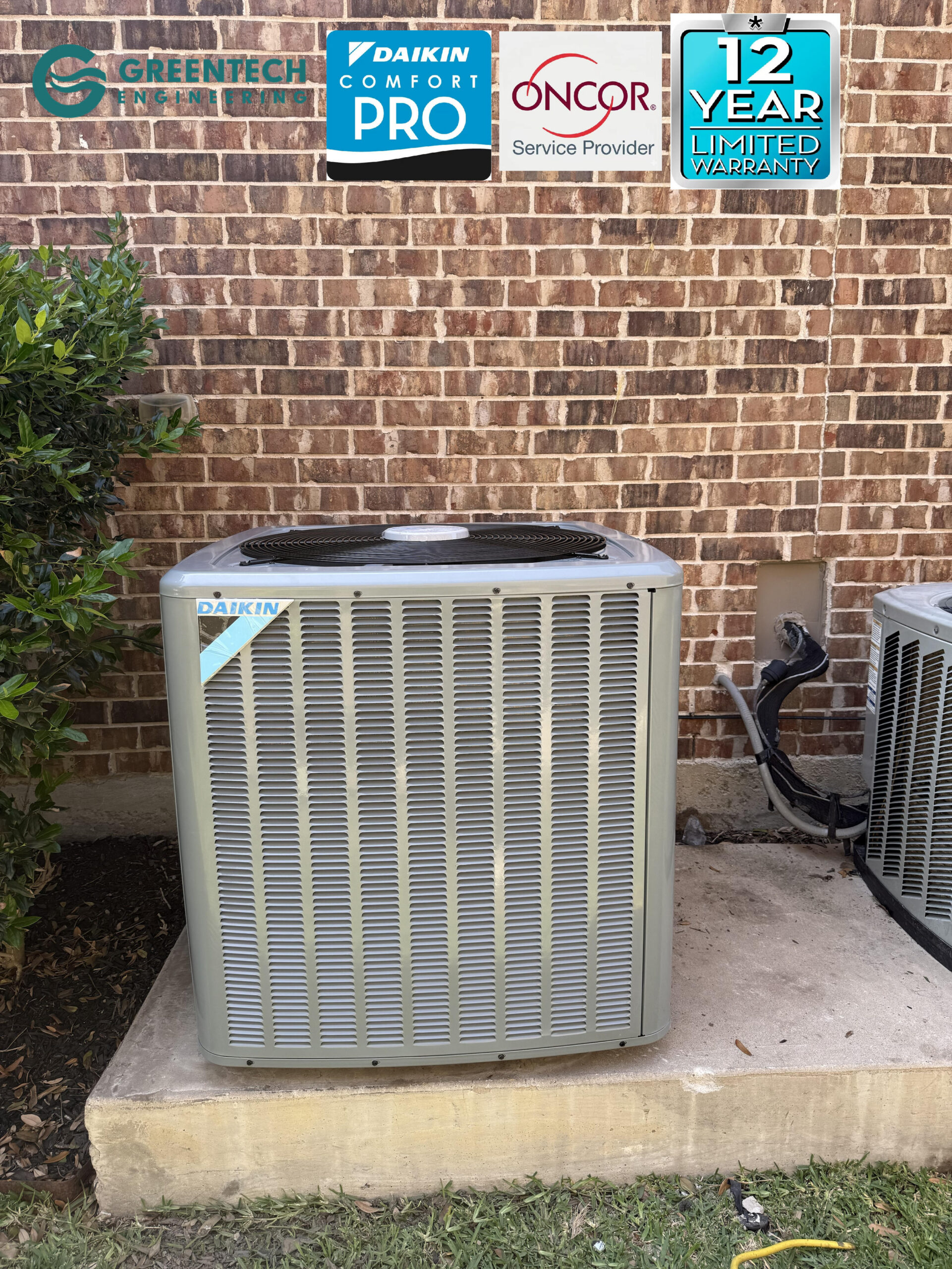 A brand new, gray Daikin 15 SEER2 air conditioning condenser installed on a level concrete pad outside a Forney brick home.
