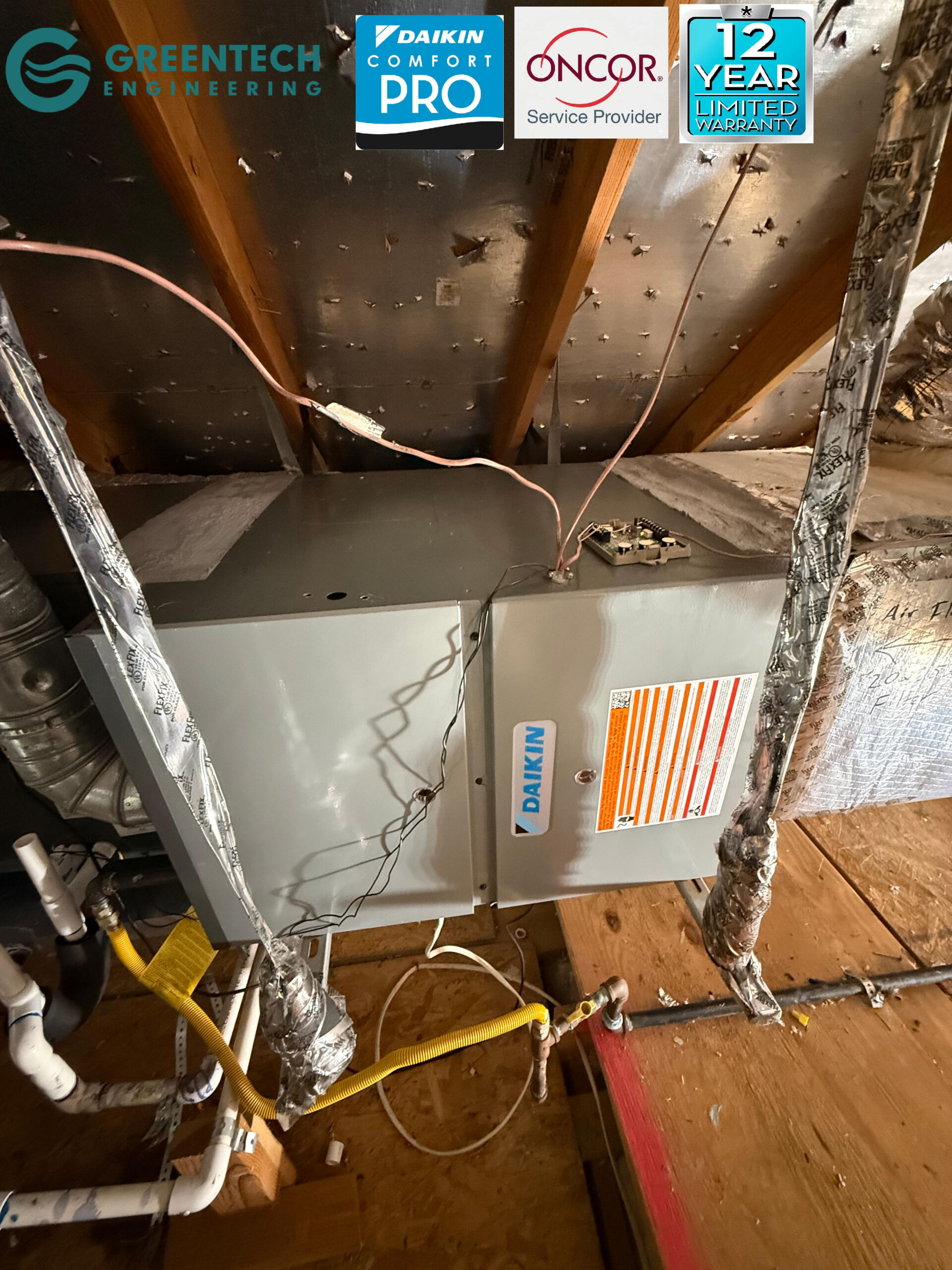 A newly installed, high-efficiency Daikin gas furnace and multi-position cased coil securely mounted in a Forney, TX attic.