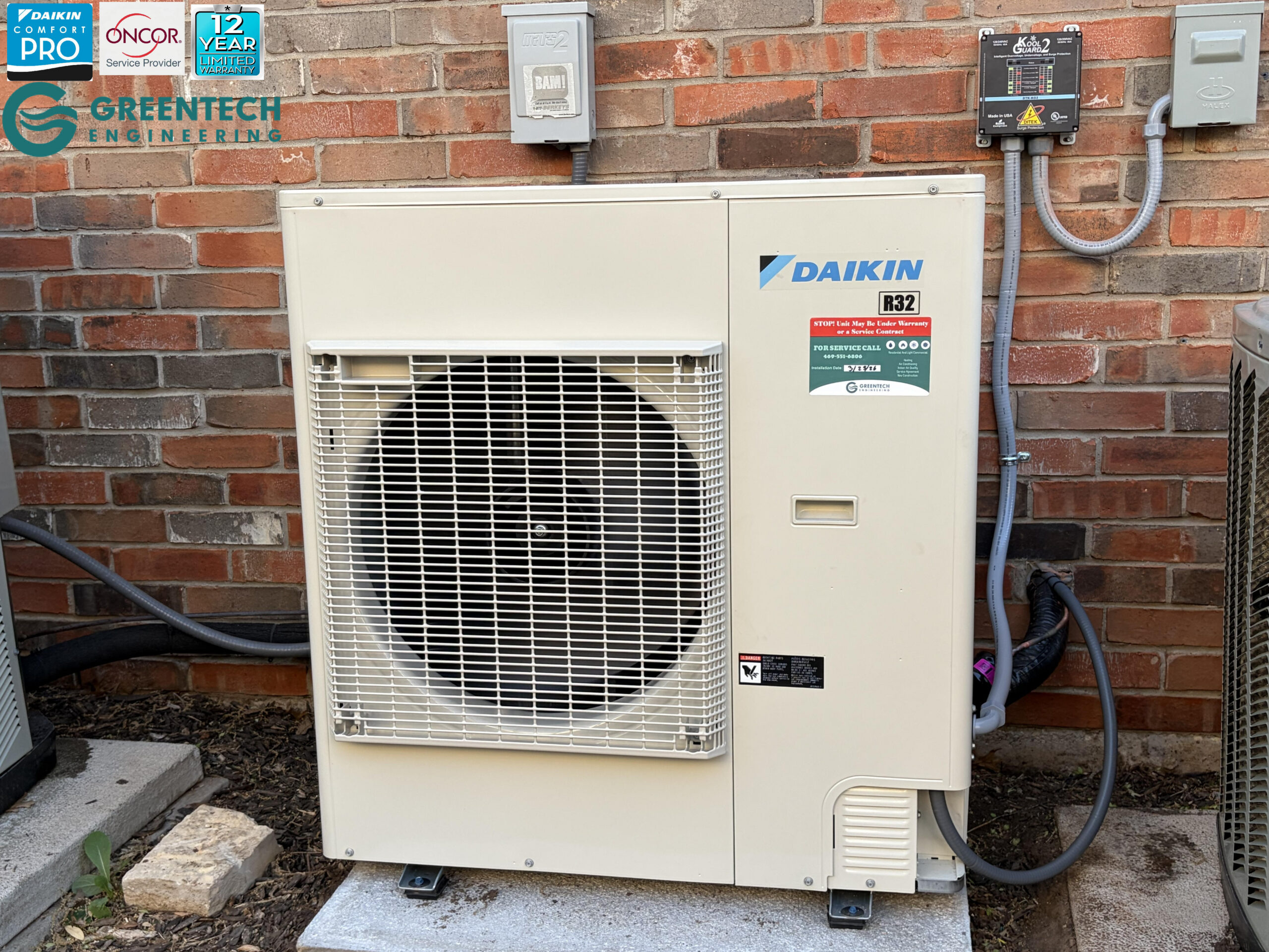 Newly installed 4-Ton Daikin FIT variable-speed side-discharge condenser equipped with a Kool Guard surge protector by Greentech Engineering in Southlake, TX.